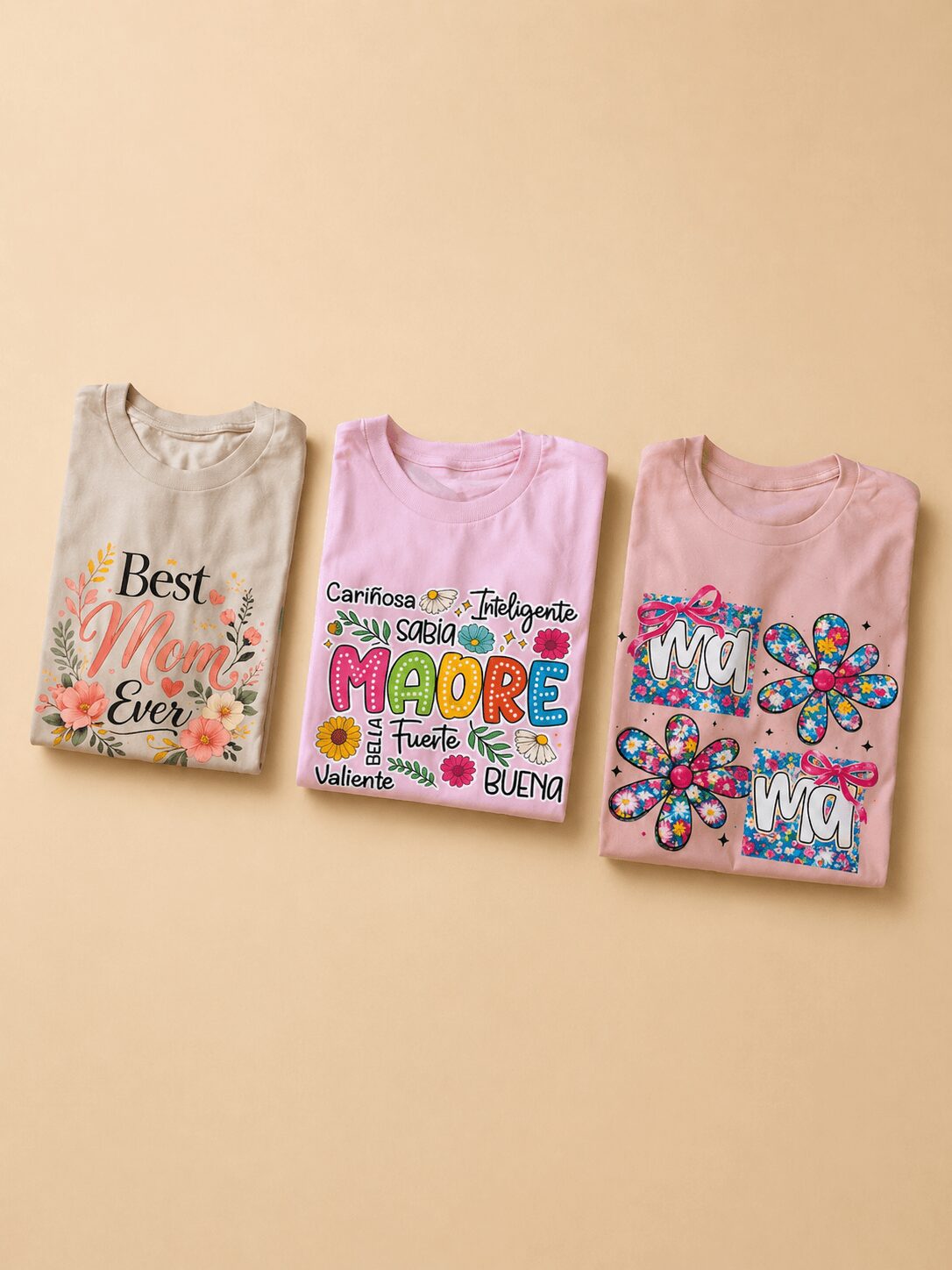 Three folded children's shirts with colorful designs on a beige background.