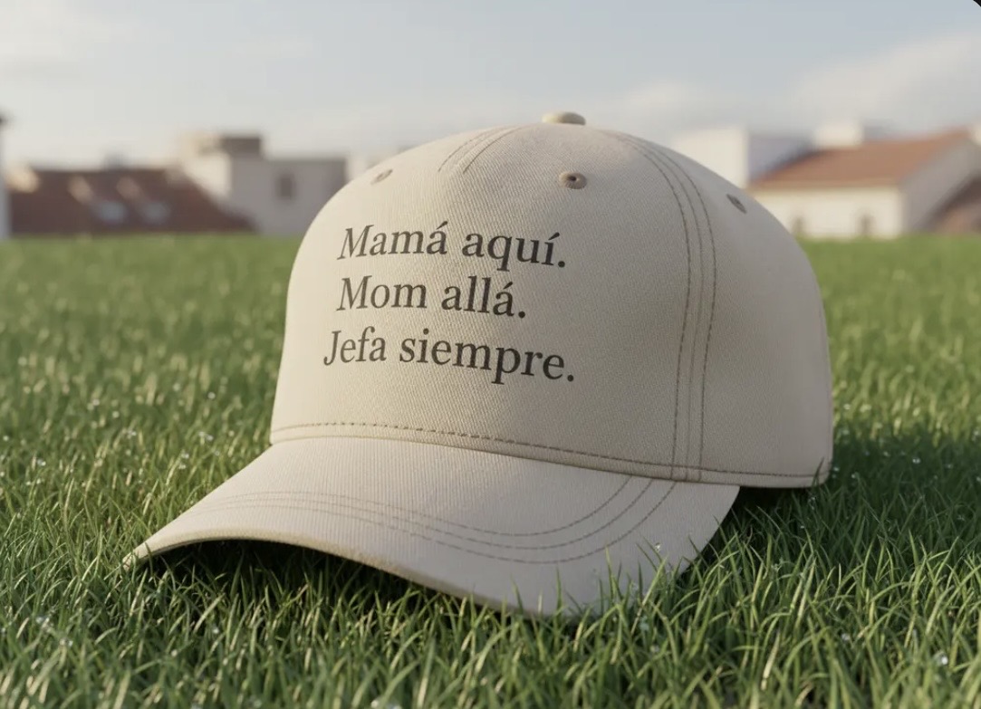 Beige baseball cap with text in Spanish and English on grassy field, buildings in background, sunny day.