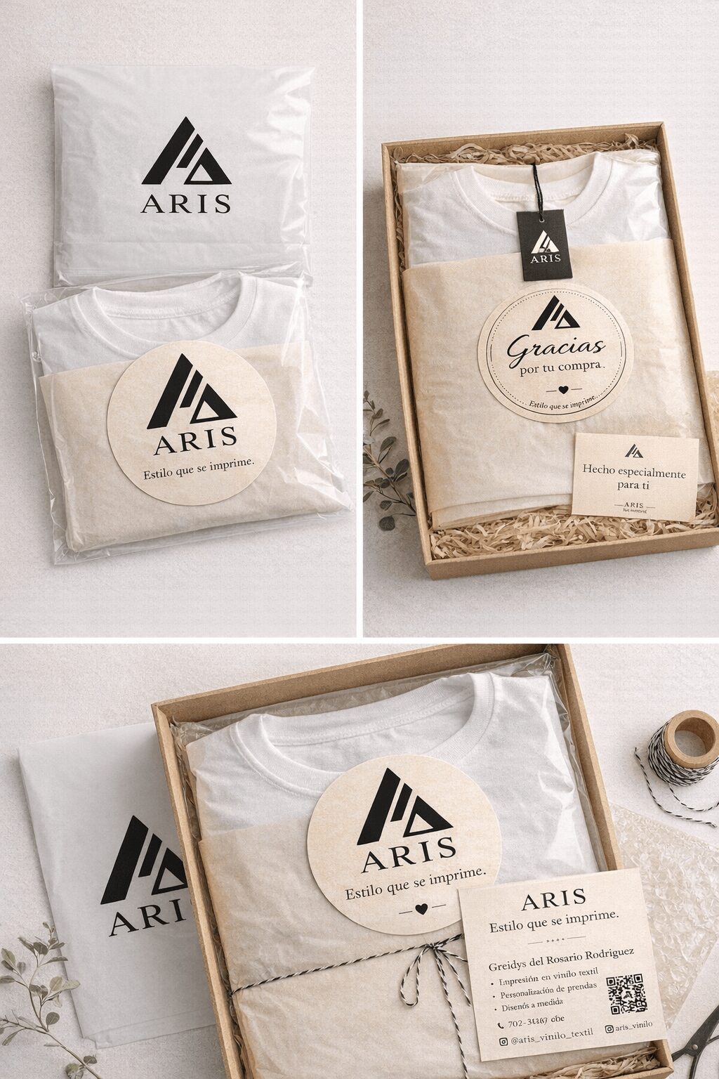 Two white pillowcases with ARIS logo, one in plastic packaging and one in a gift box, with a card and a spool of thread.
