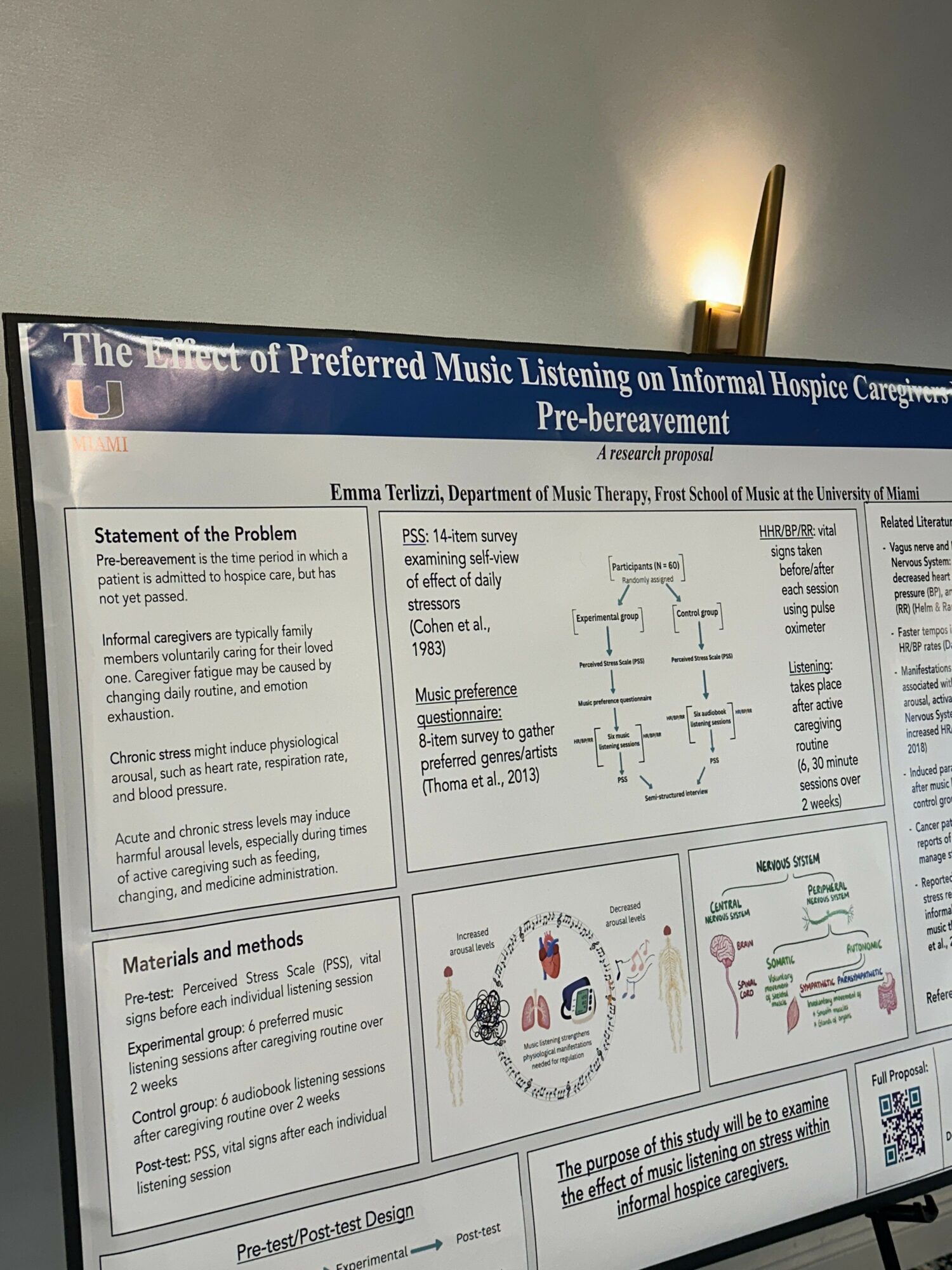 Scientific poster with diagrams and text, illuminated by a light source, displayed vertically.