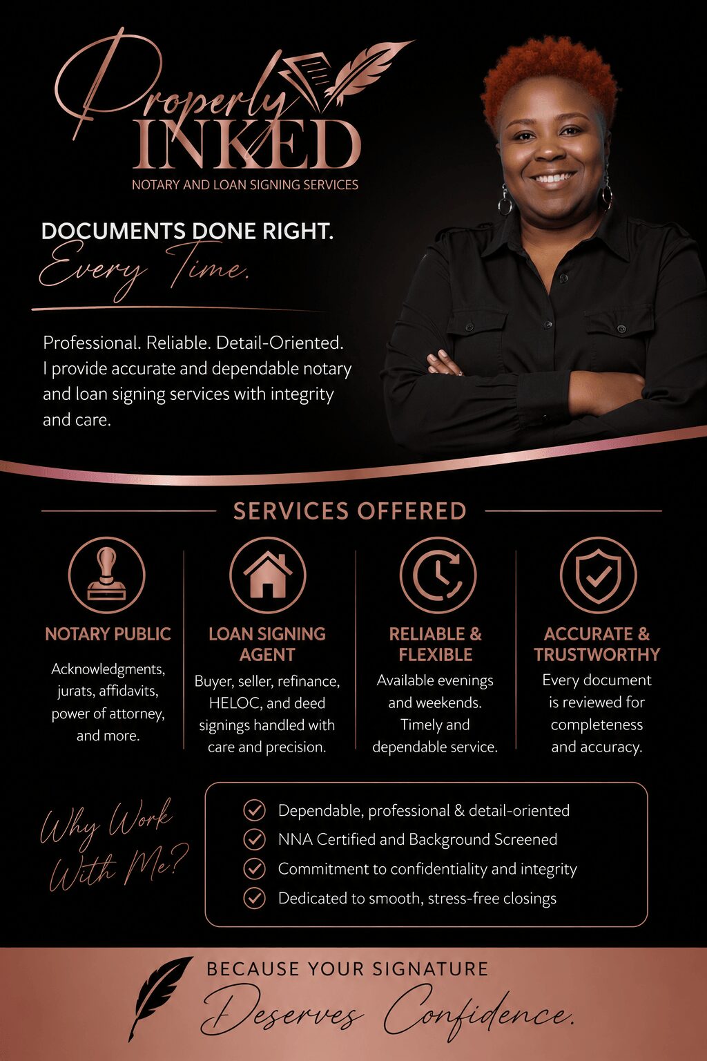 Business card with a smiling woman, company name, services, and contact details, on a black background.