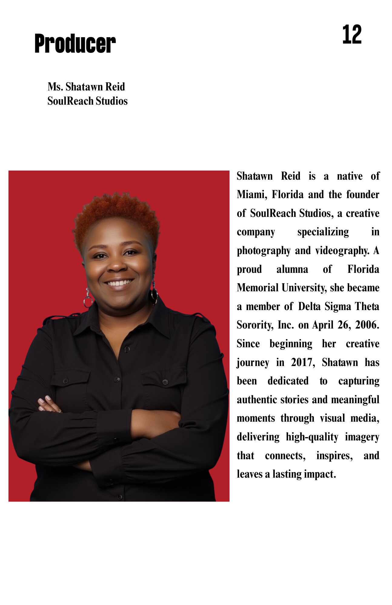 Smiling woman with short hair and a black blazer, arms crossed, in front of a red background, with text about her achievements.
