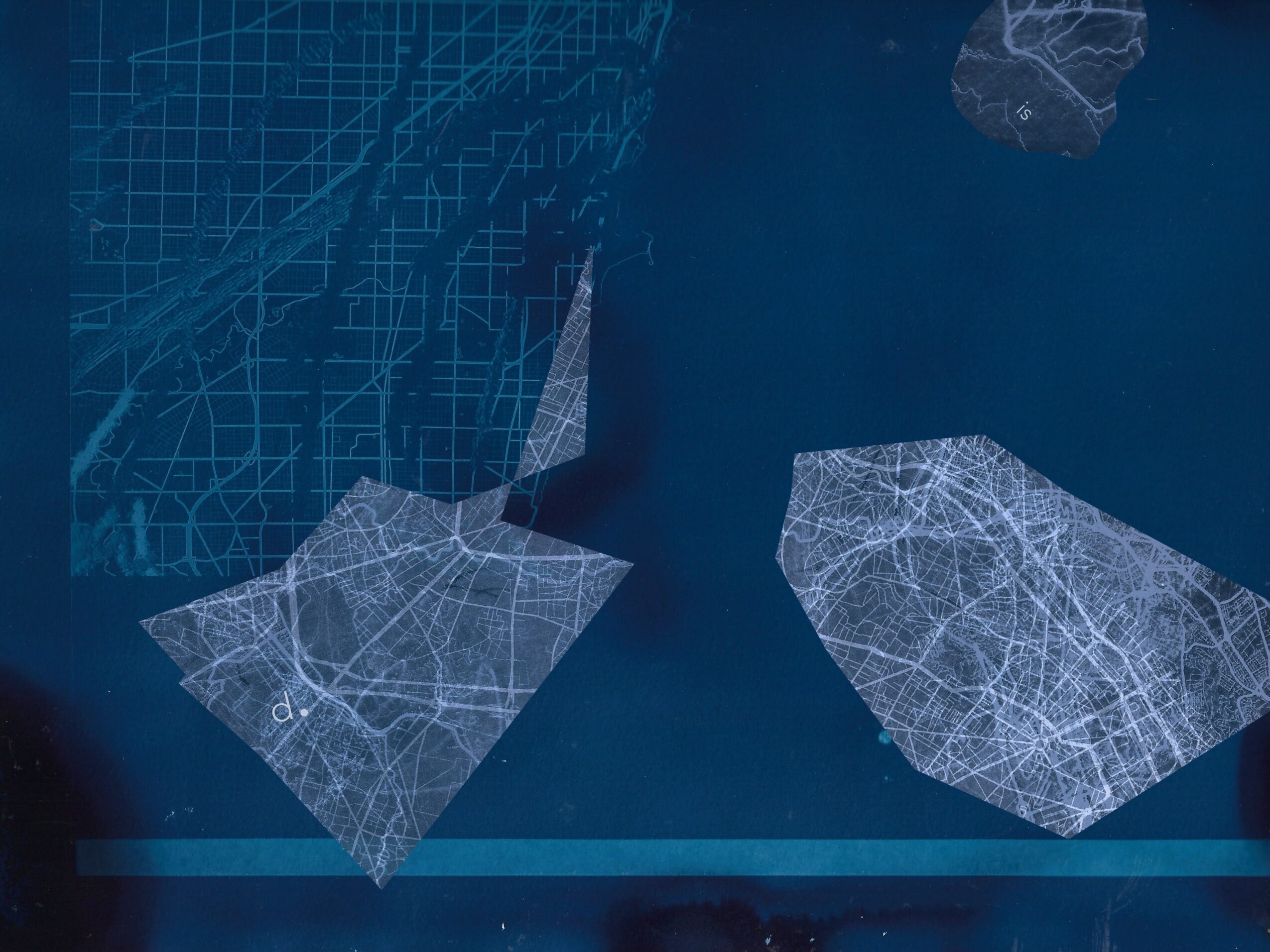 Map with outlined landmasses and grid lines on a dark blue background.