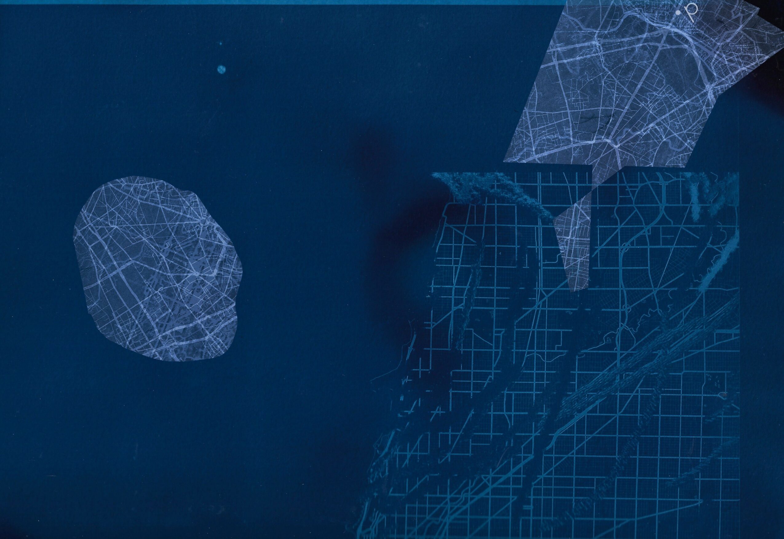 Abstract digital wireframe shapes on a dark blue background, resembling a map or 3D models.