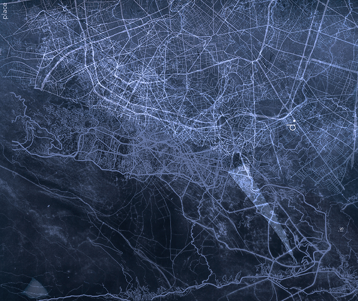 City map with roads and waterways, viewed from above, rotated 90 degrees clockwise.
