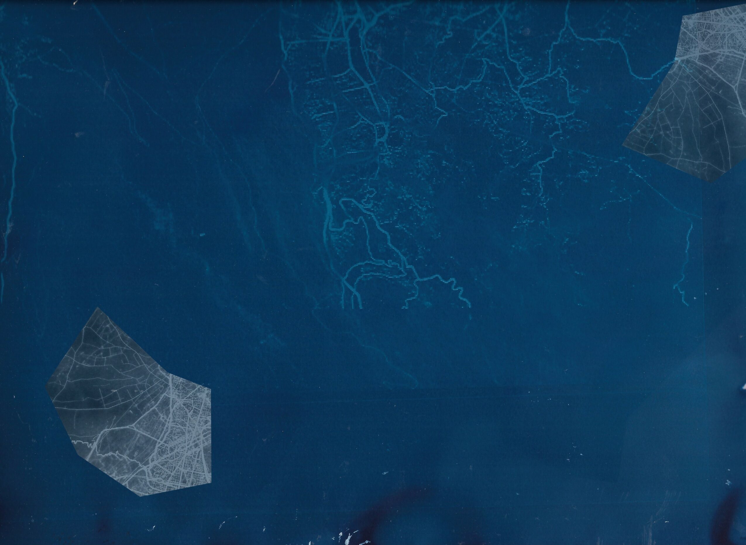 Blue background with faint white lines and two semi-transparent geometric shapes resembling webs or nets.