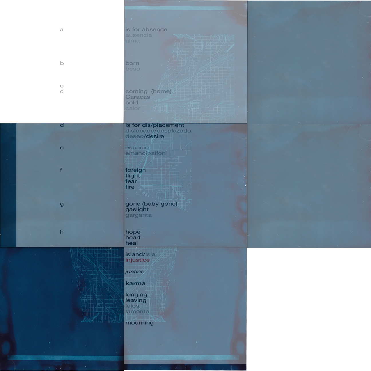 A distorted, semi-transparent image with text and blue tones, difficult to read, with some visible words like 'hope' and 'justice'.