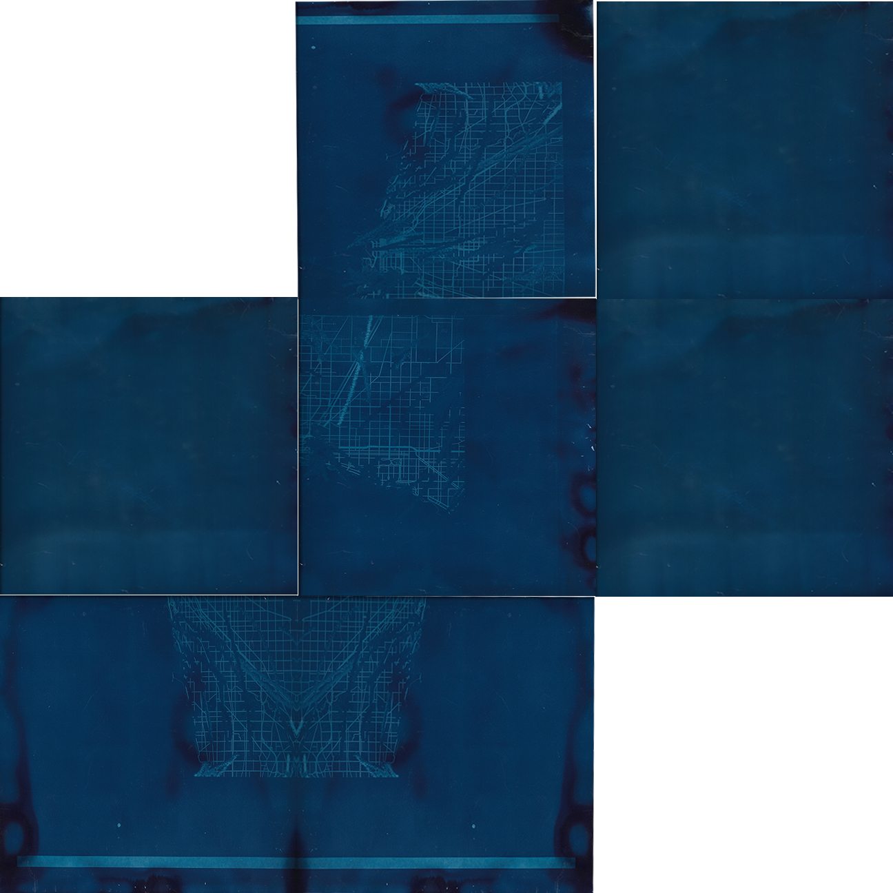 Multiple blue-tinted images of a person in a grid, some parts missing or obscured.