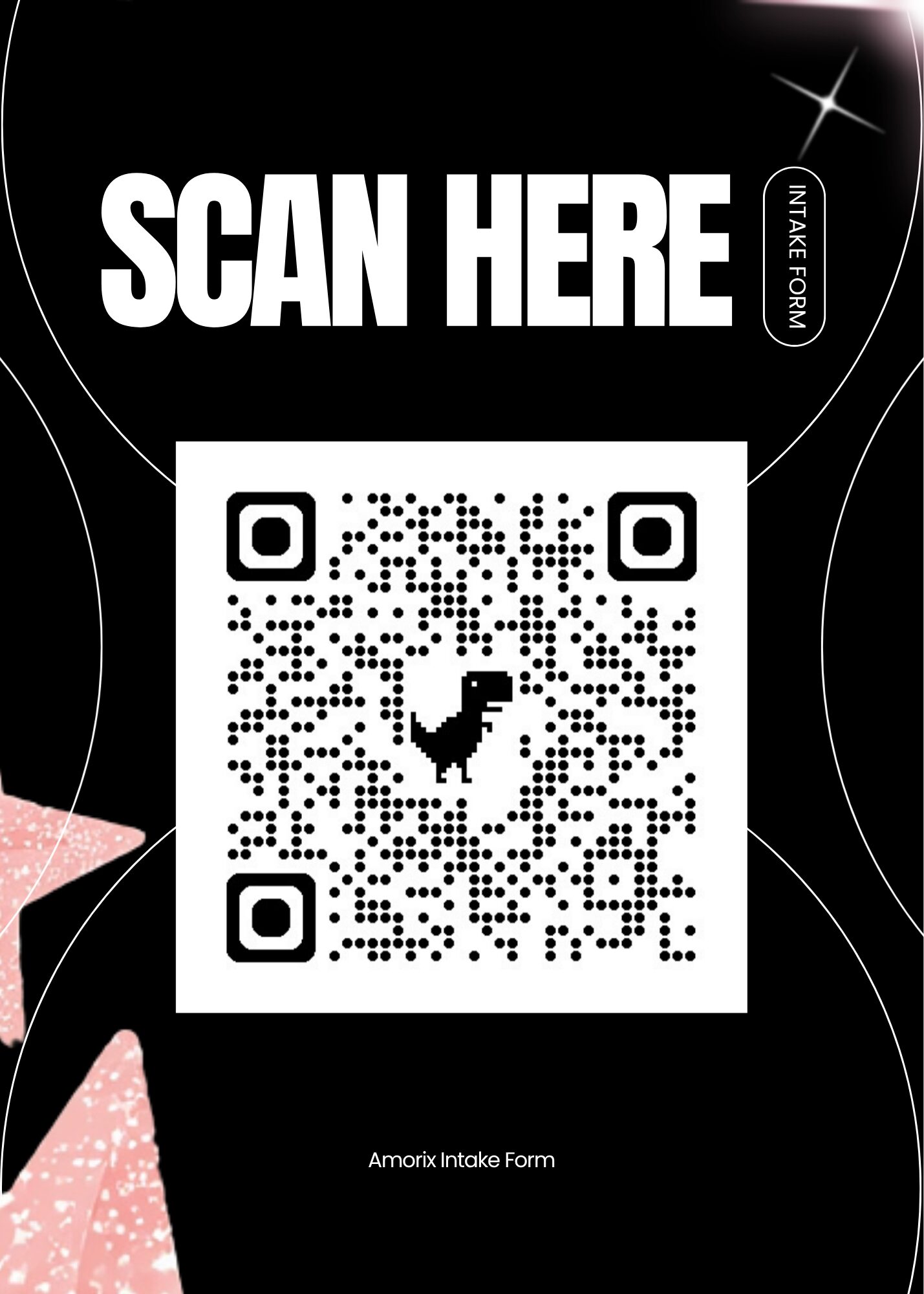 Black background with white text 'SCAN HERE' and a QR code in the center, with a dinosaur icon inside the QR code.