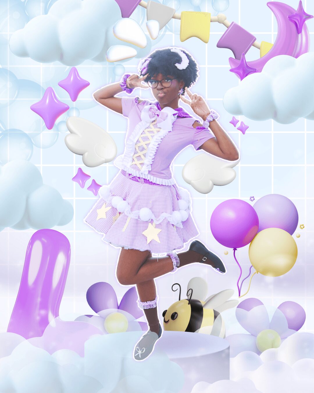 Girl in purple dress with clouds, stars, balloons, and a bee in a whimsical setting.