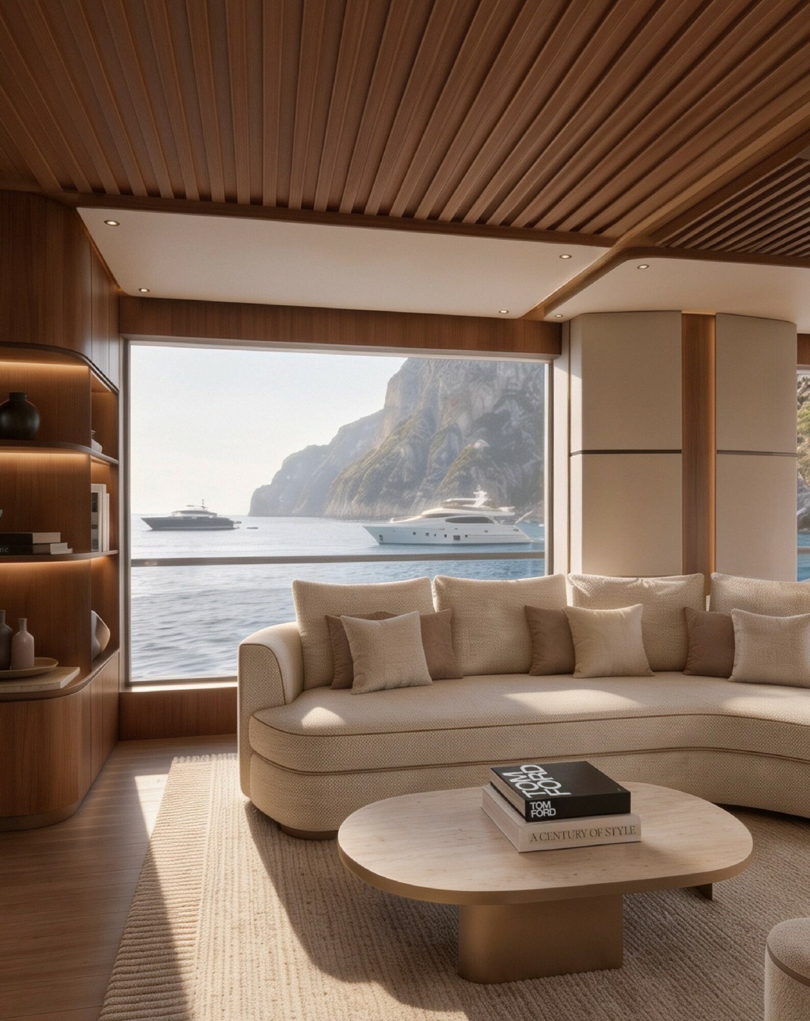 Interior of a room with a large window showing a boat and rocky coastline, beige sofa with pillows, round coffee table, wooden ceiling.
