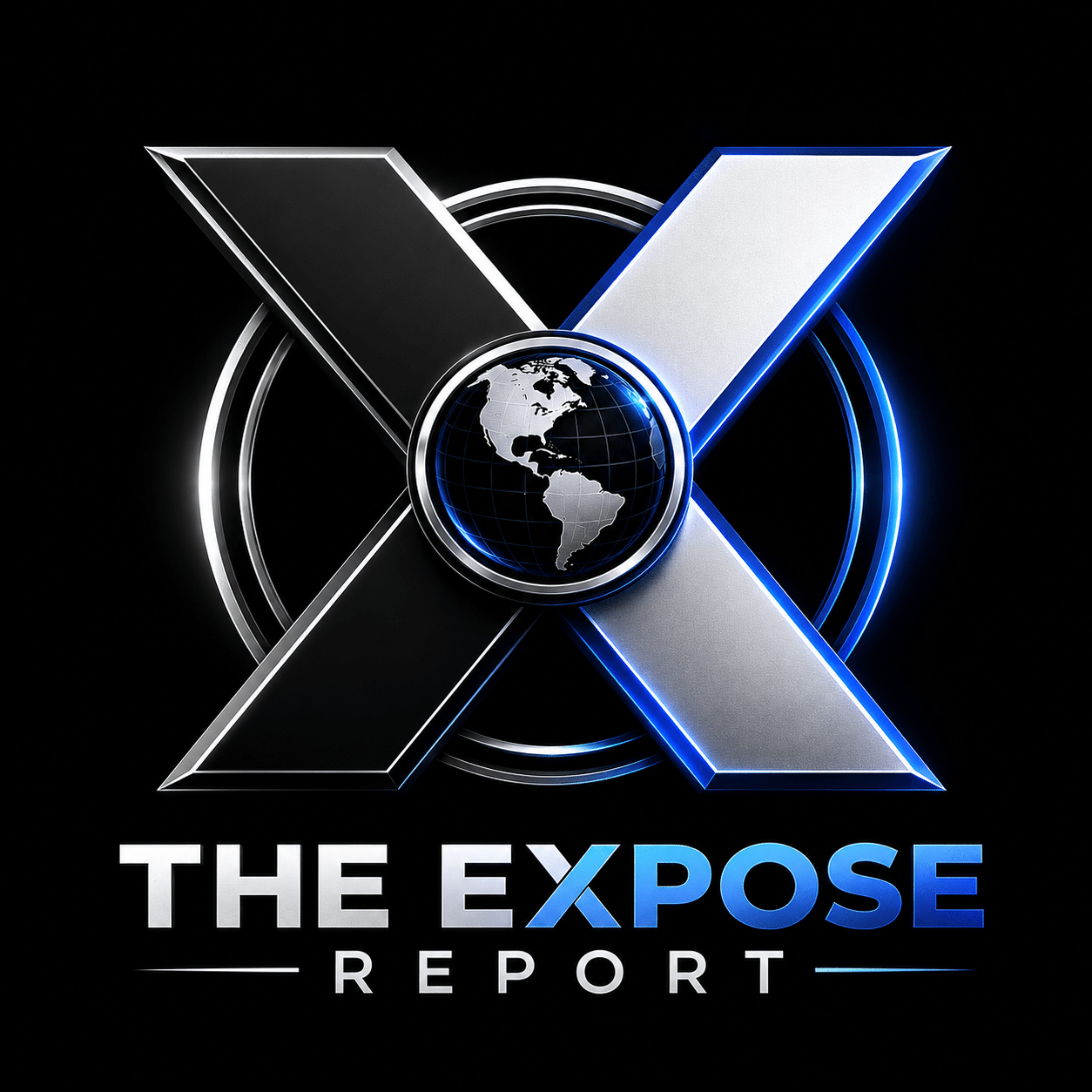 Logo with a large X, a globe in the center, and text reading 'The Expose Report' below.