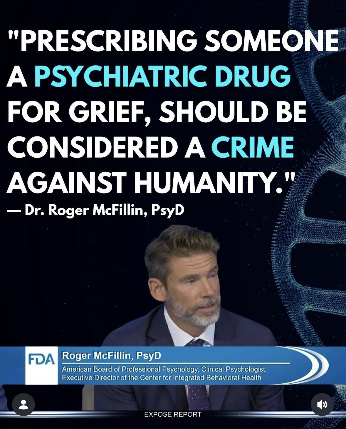 Quote about prescribing psychiatric drugs and crime, with a man in a suit and a DNA strand background.