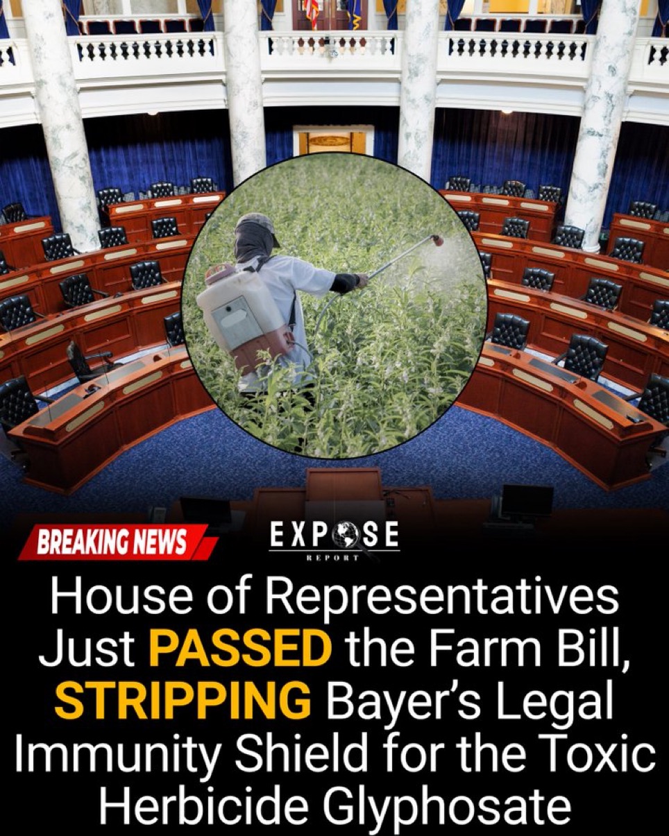 A circular mirror reflects a person spraying herbicide on weeds in a field, with a legislative chamber in the background.