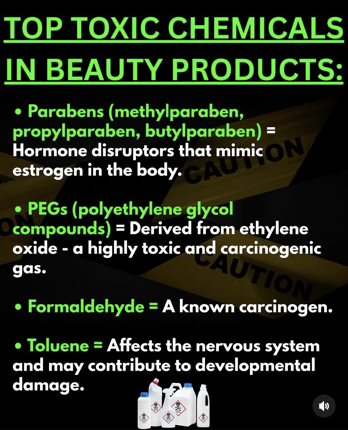 List of toxic chemicals in beauty products, including parabens, PEGs, formaldehyde, and toluene, with descriptions of their effects.