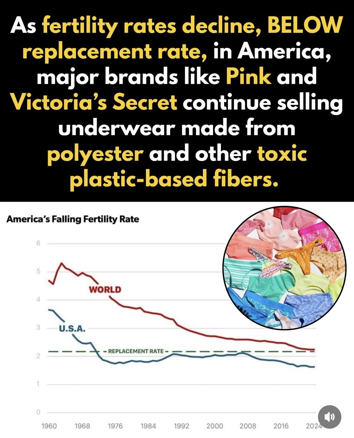 Text about declining fertility rates, replacement rates, brands like Pink and Victoria's Secret, and toxic plastic-based fibers, with a fertility rate graph and colorful fabric circle.