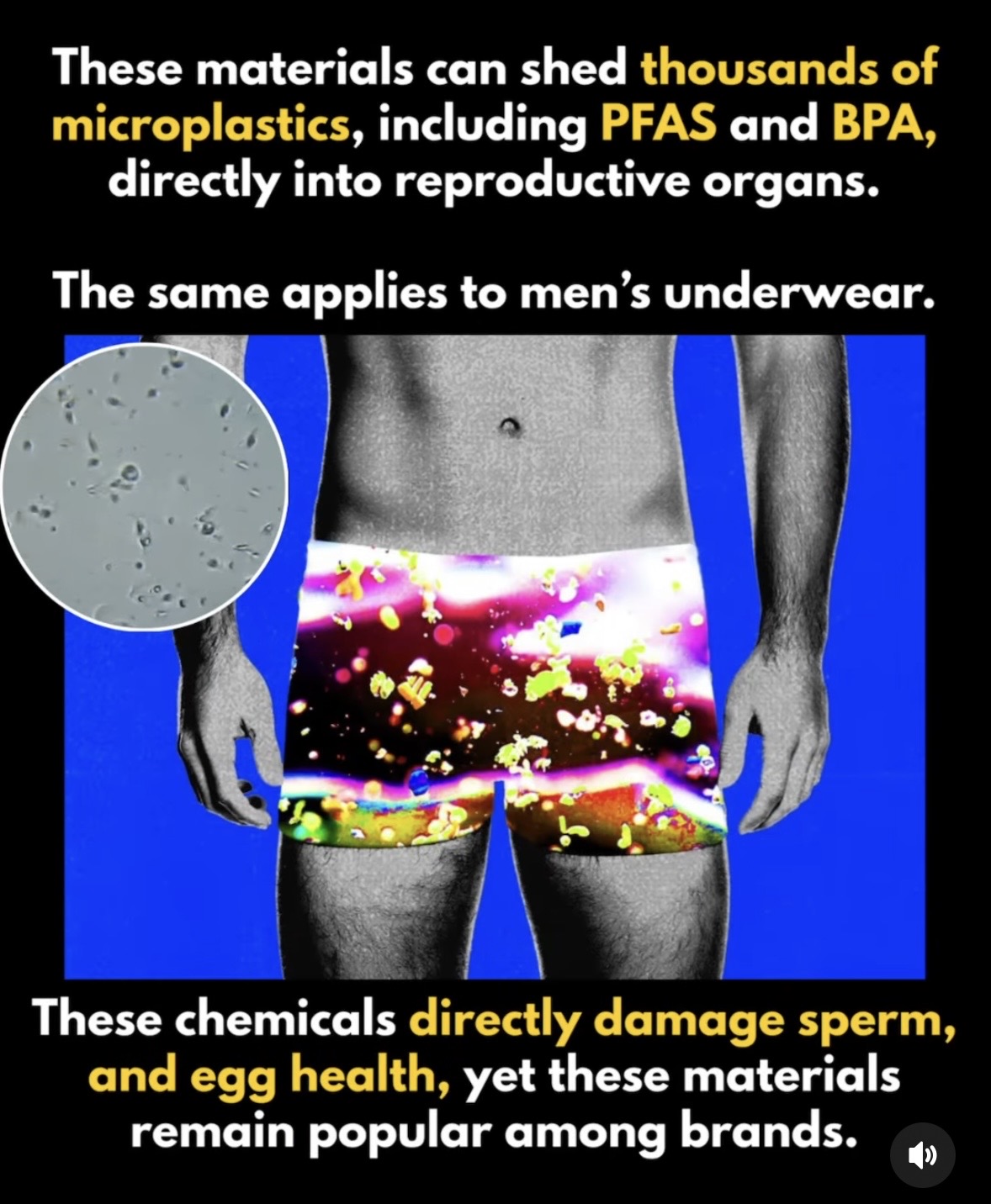 Text about microplastics, chemicals, and health effects with a grayscale image of a person's torso and colorful shorts, and a circular close-up of microplastic particles. Alt text word count: 44, confidence: 0.9