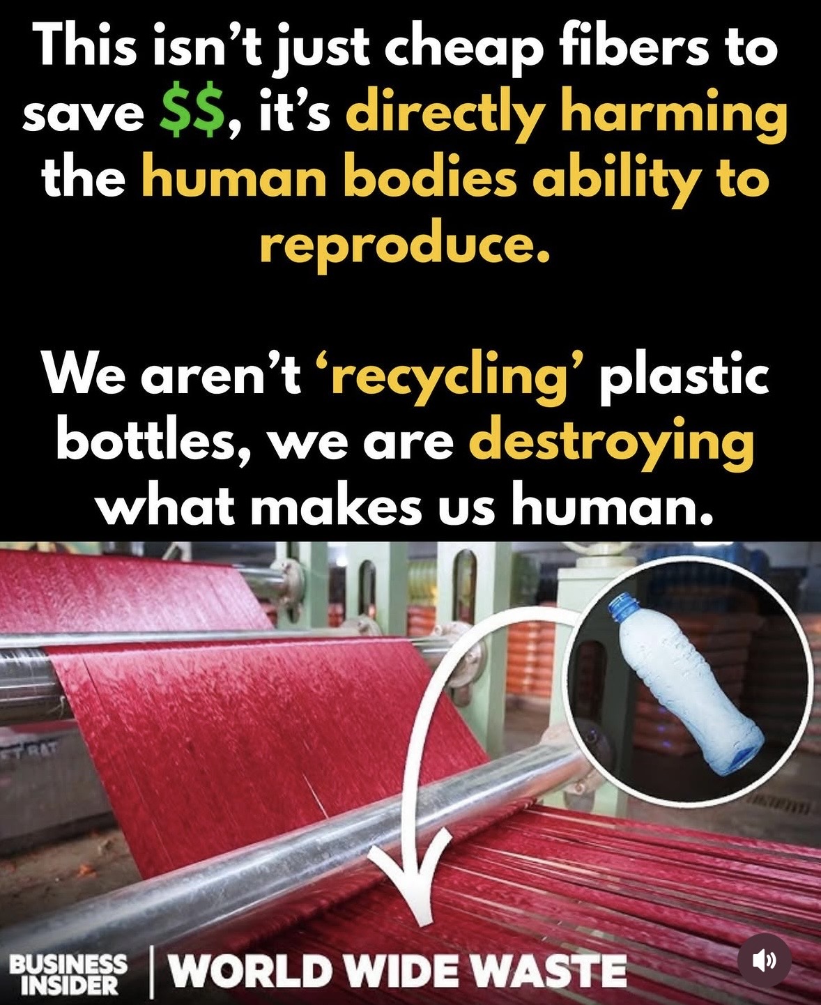 Text about fiber sustainability and plastic recycling, with a red fiber manufacturing process and a plastic bottle in a circle. Word count: 27.