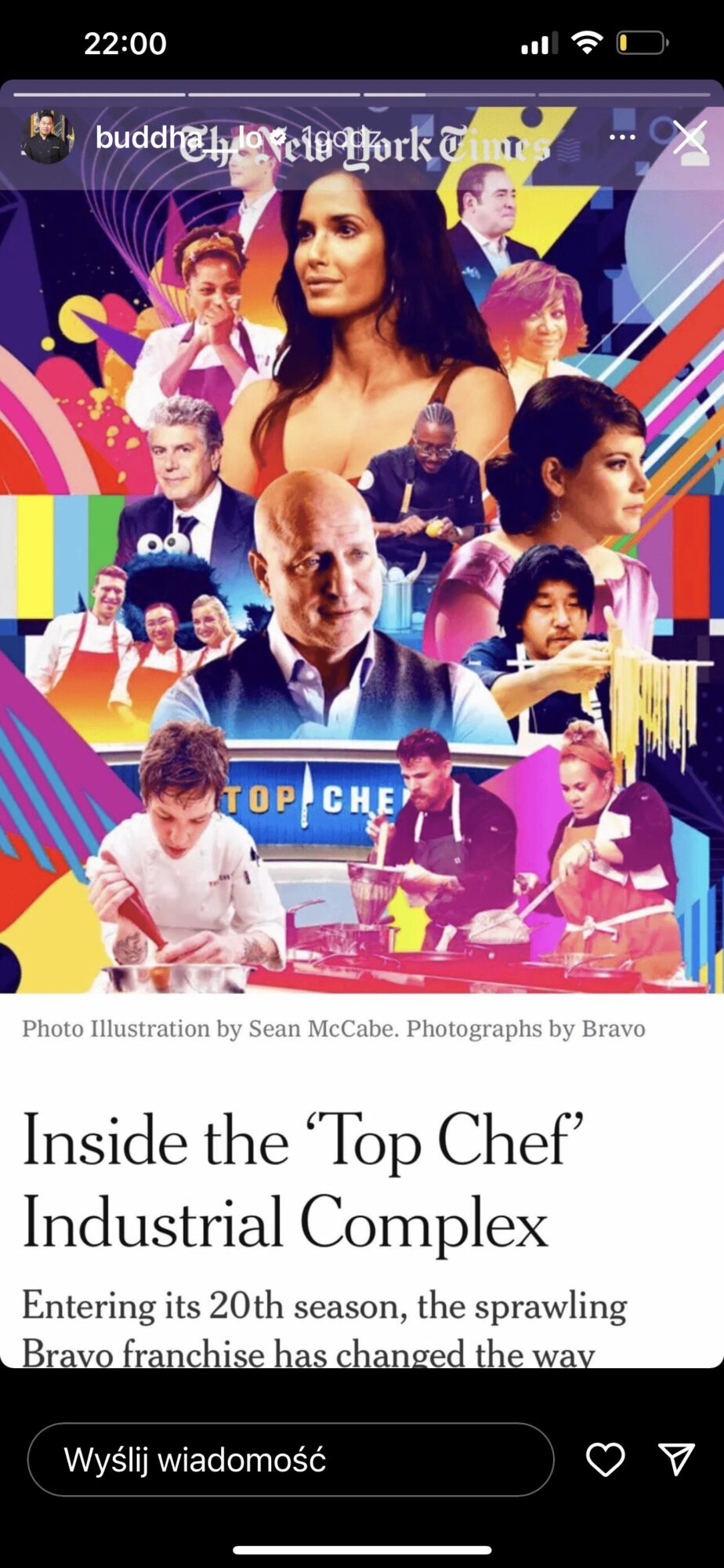 Collage of people, including a woman, a man, and children, with colorful background and text 'Top Chef'.