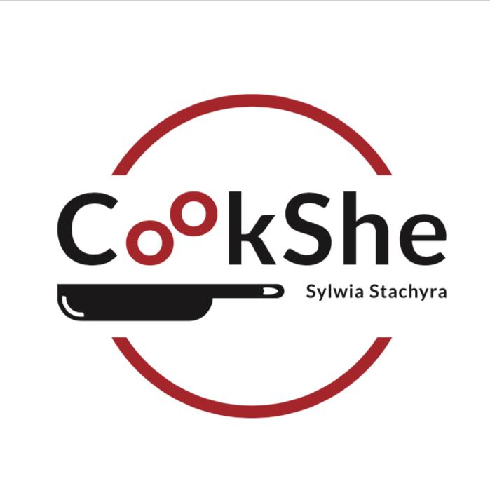 Logo with text 'CookShe' and a frying pan graphic, with the name Sylwia Stachyra, on a white background.