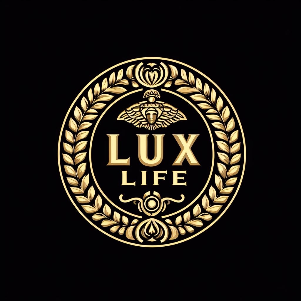 Gold emblem with a bee, laurel wreath, and the words 'LUX LIFE' on a black background.