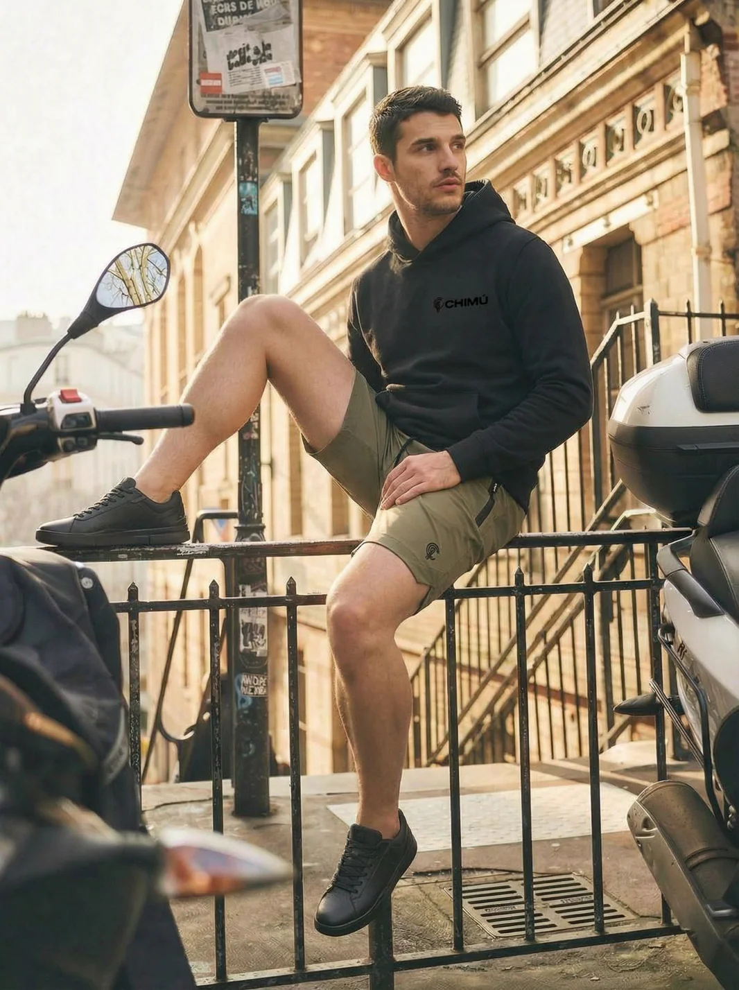 Young man with one leg on a metal railing, wearing a black hoodie, shorts, and sneakers, in an urban setting.