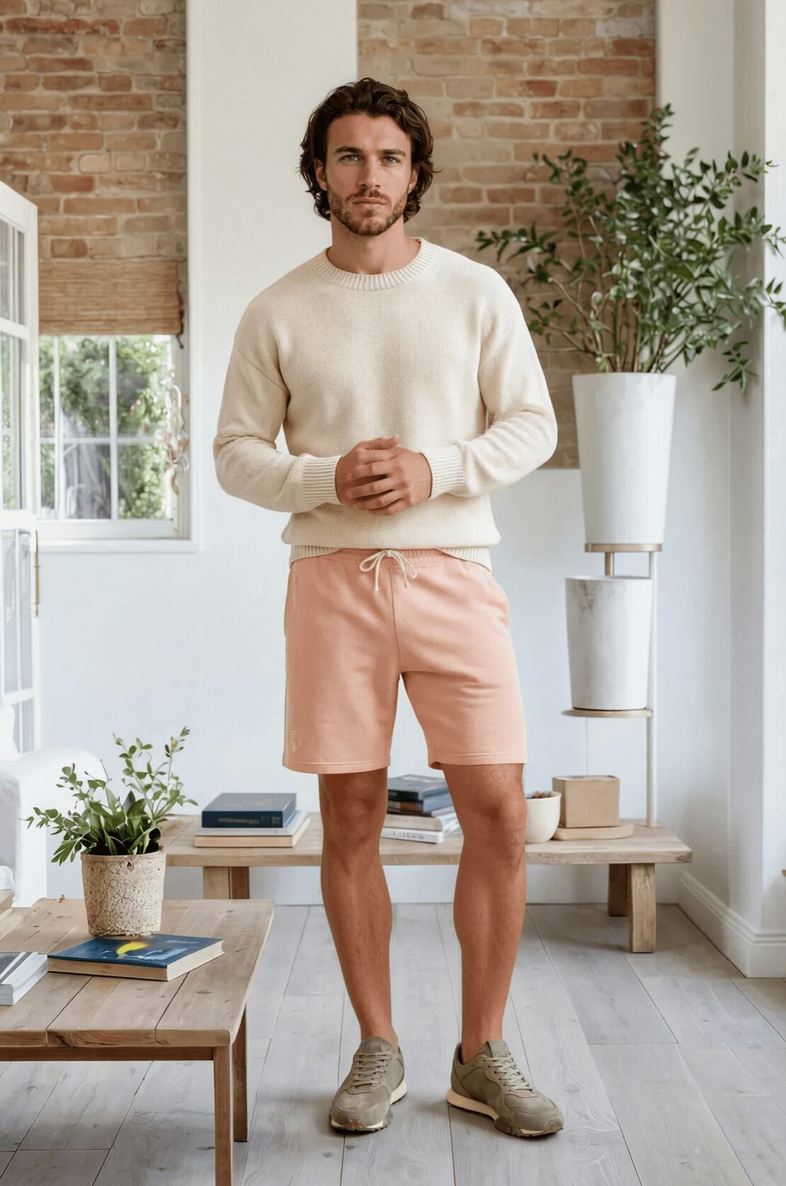 Man standing indoors with hands clasped, wearing a cream sweater and pink shorts, near a window and potted plant.