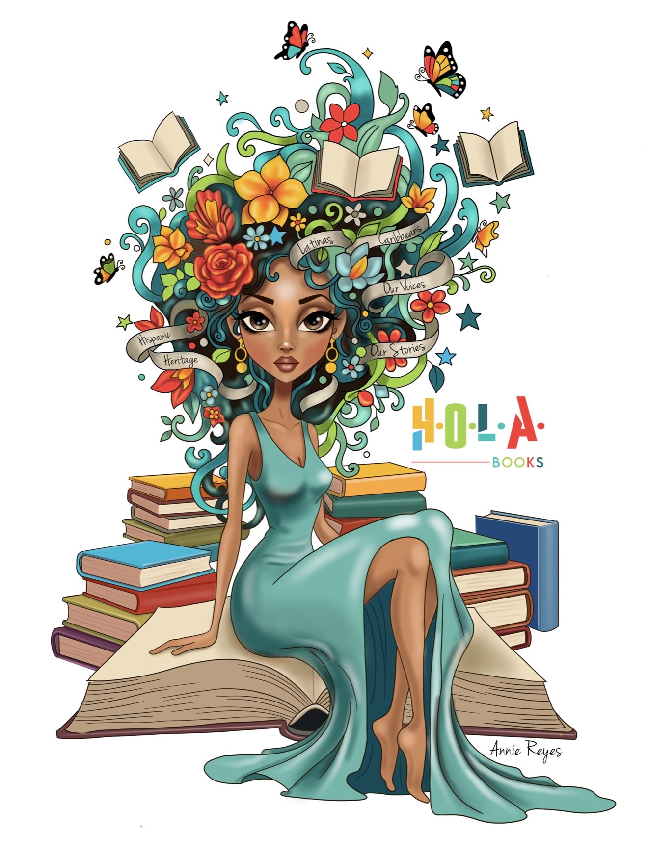 A woman with elaborate hair made of books, flowers, and butterflies, sitting on a stack of books, wearing a teal dress.