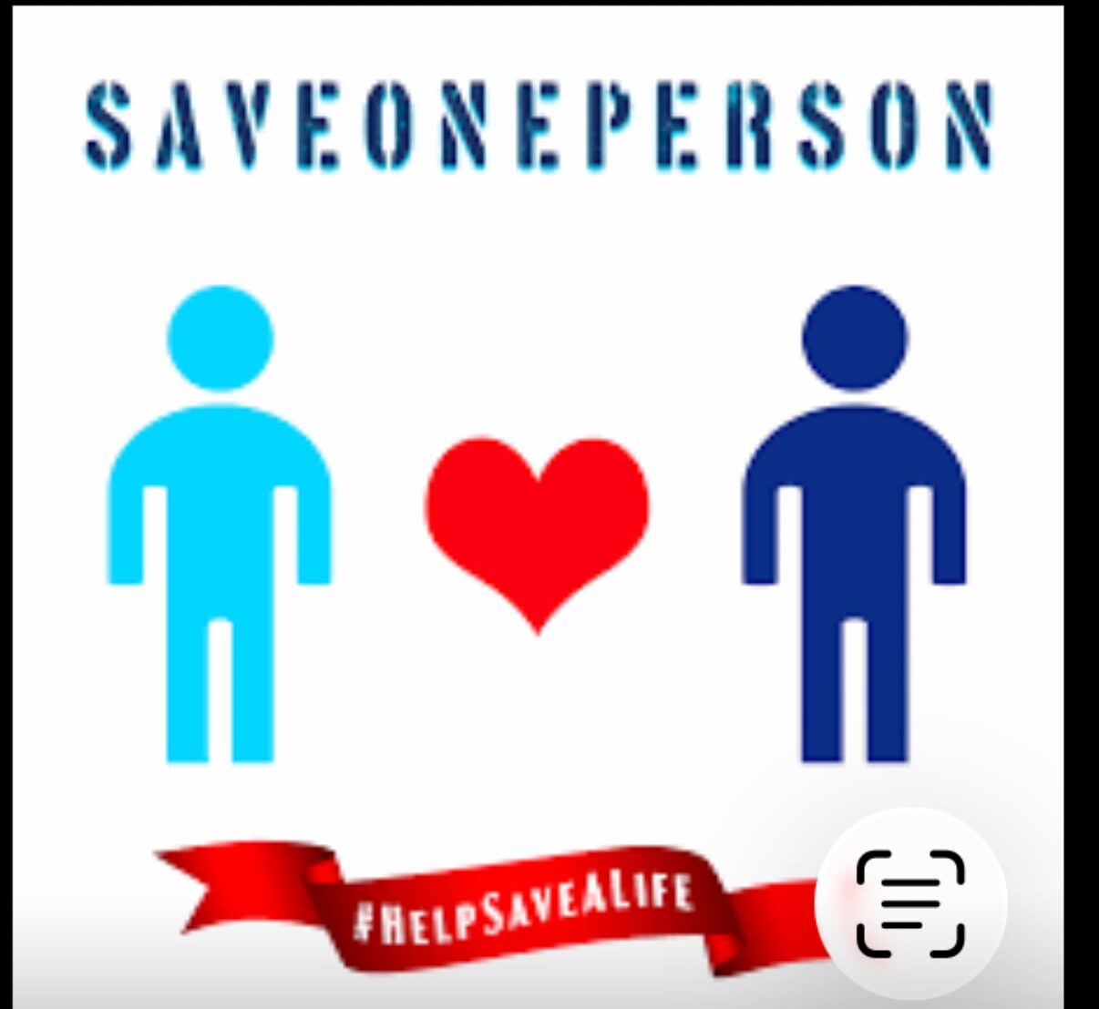 Text 'SAVE ONE PERSON' at top, two stylized human figures with a heart between them, hashtag '#HELP SAVE A LIFE' at bottom, white background.