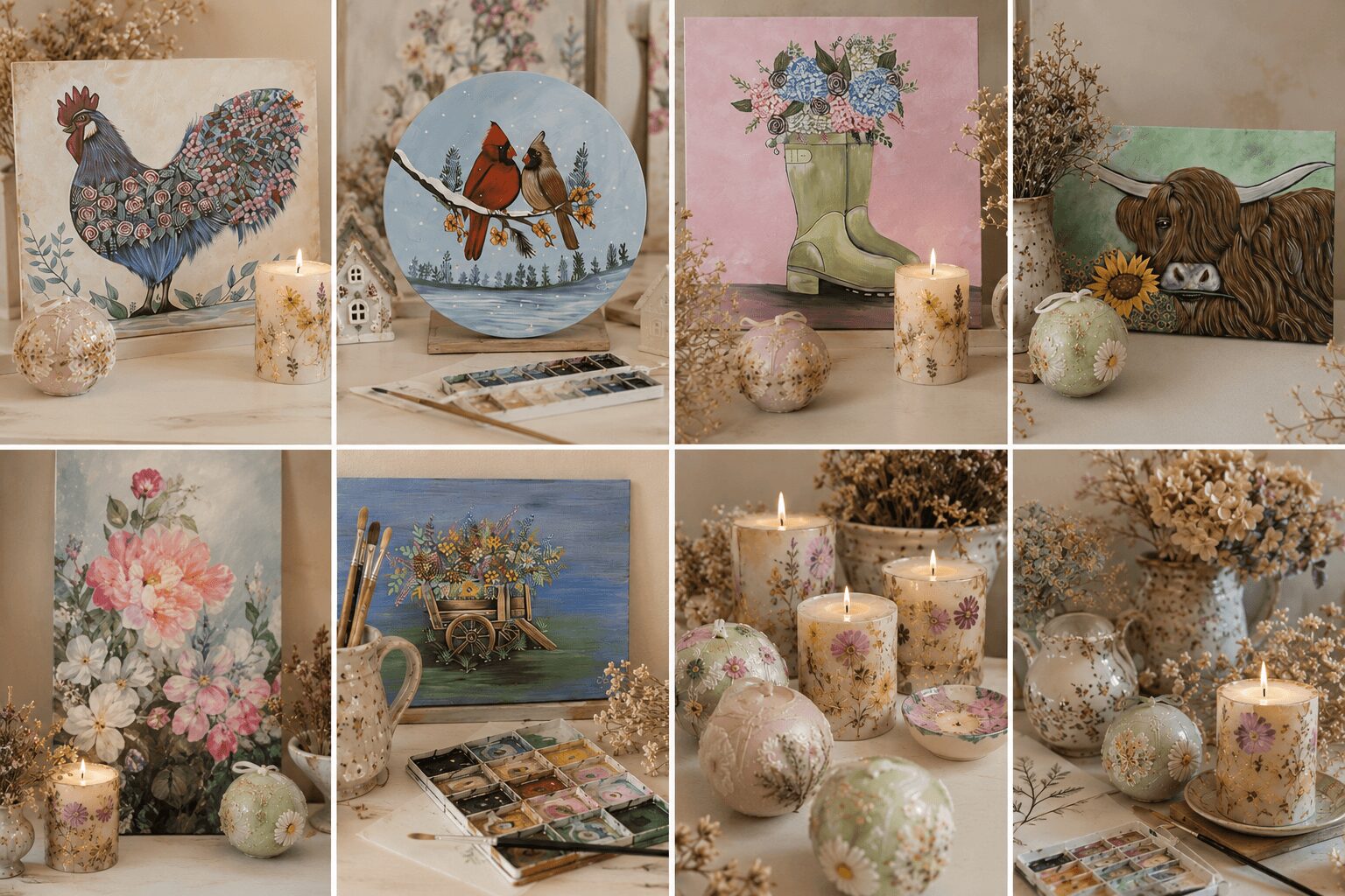 Four images of decorative items, including embroidered pictures, candles, vases, and floral arrangements, arranged on a table or shelf.