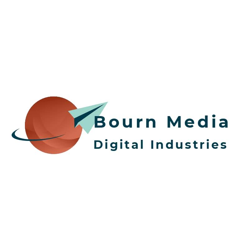Logo with a red sphere, a paper airplane, and text reading 'Bourn Media Digital Industries'.