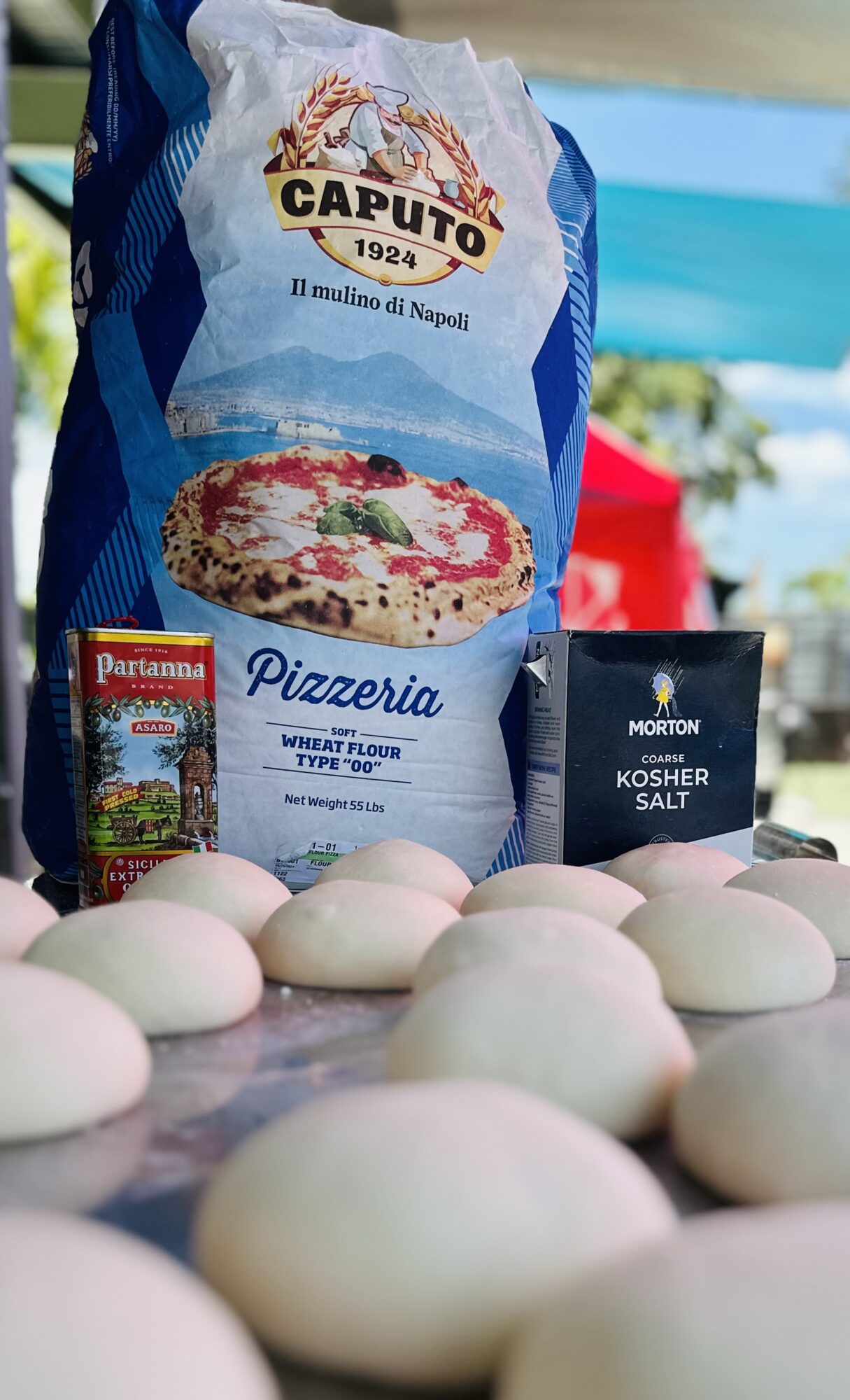 Bag of Caputo pizza flour, a pizza image, and salt container with eggs in foreground, outdoors setting