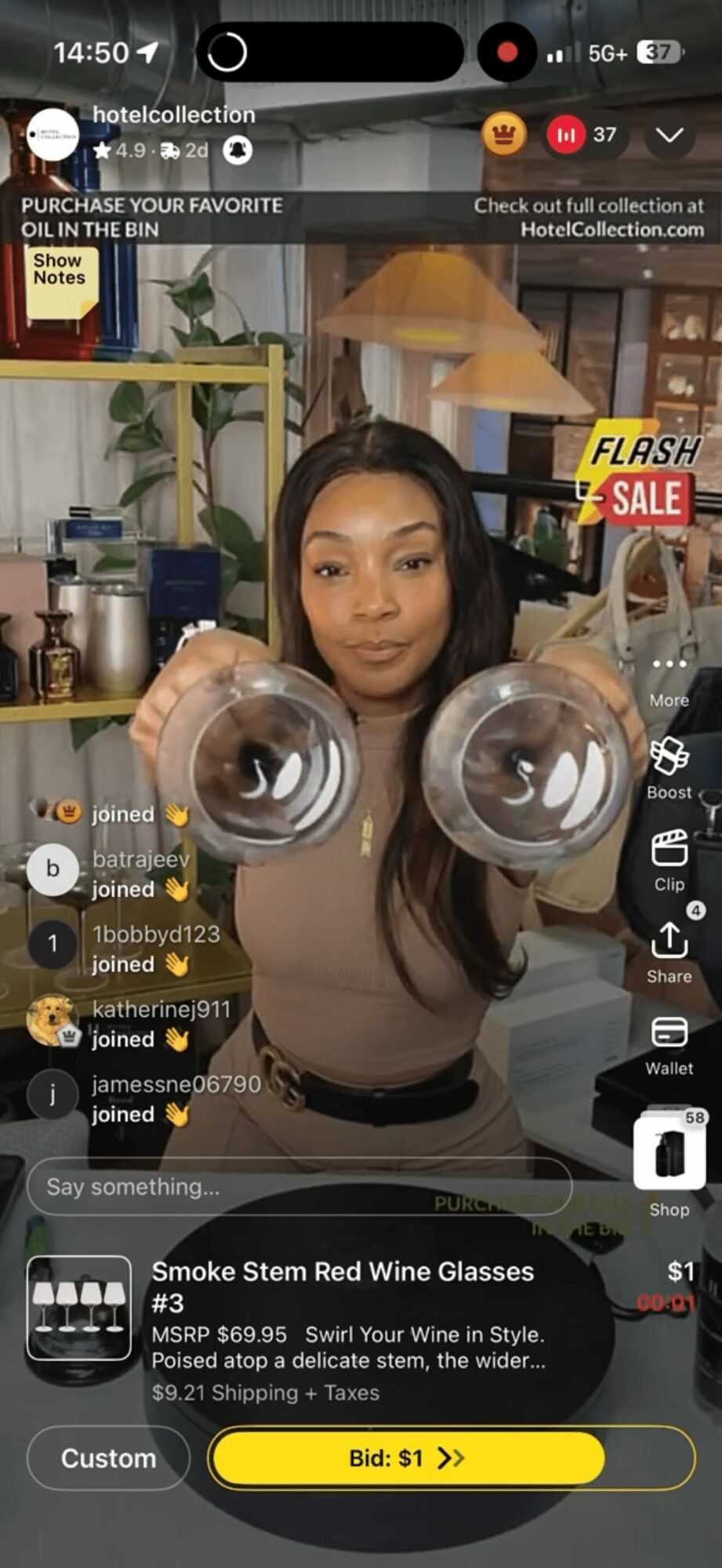 Woman with long hair holding two glass jars in a store, shelves with products behind her, promotional banners visible.