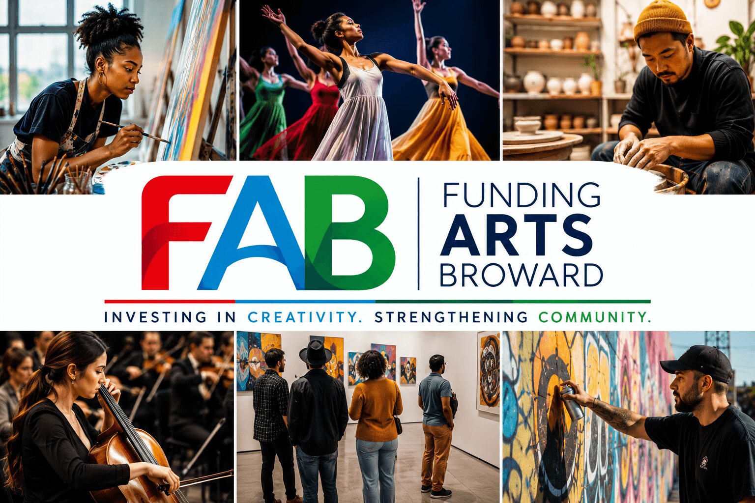 Collage of people engaging in arts, music, dance, and community activities, with a logo for Funding Arts Broward and a slogan.