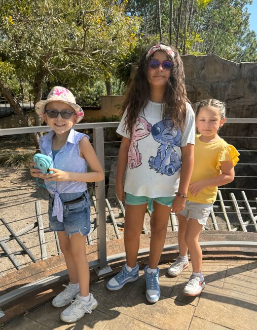 Three girls standing outdoors on a sunny day, with trees and a wooden fence in the background.