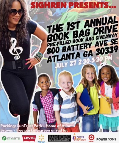 Group of four children smiling with backpacks, woman in sunglasses on left, event details for book bag drive, date, time, location, and sponsors.