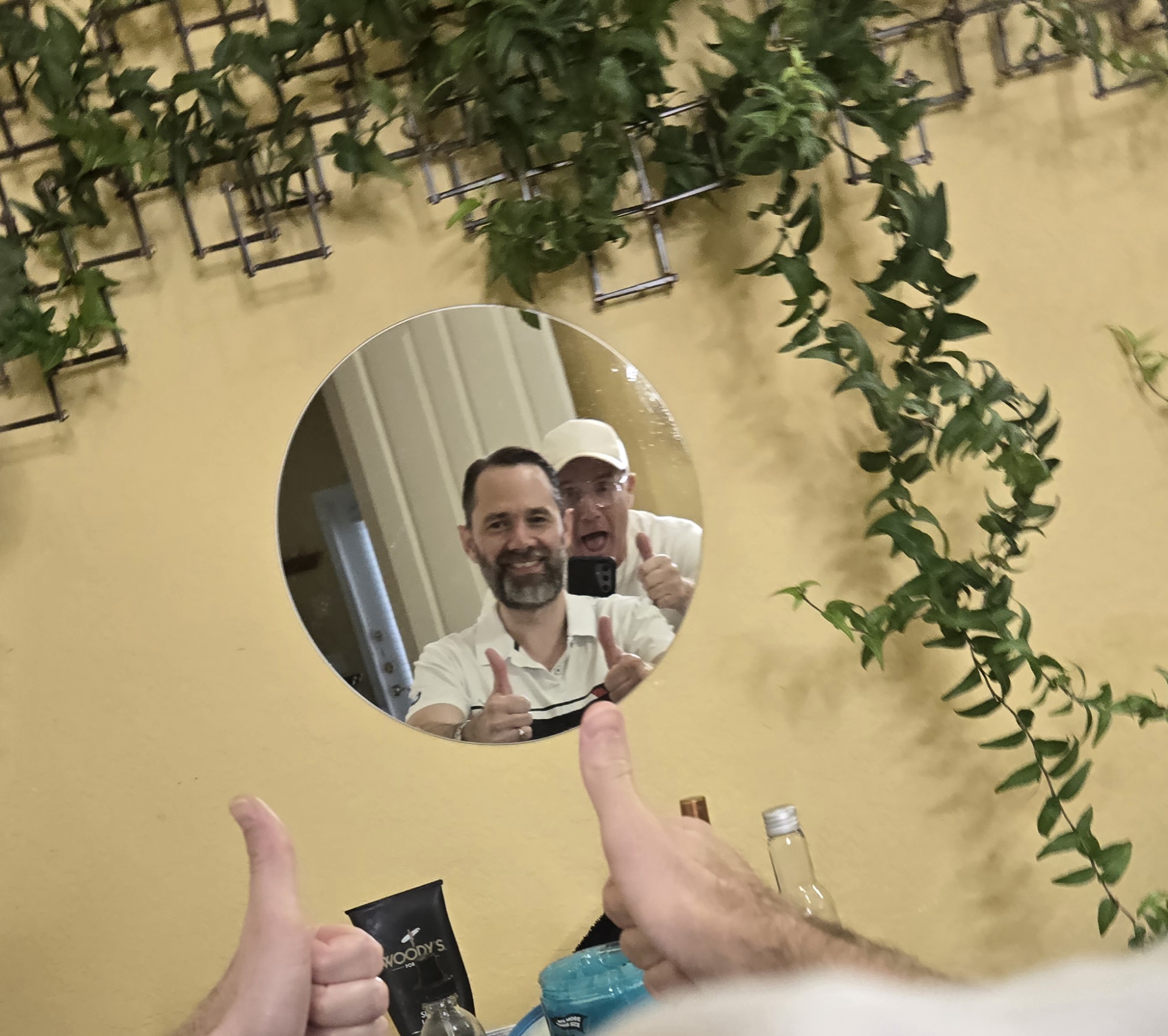 Two men taking a selfie in a mirror, giving thumbs up, with plants and a yellow wall in the background.