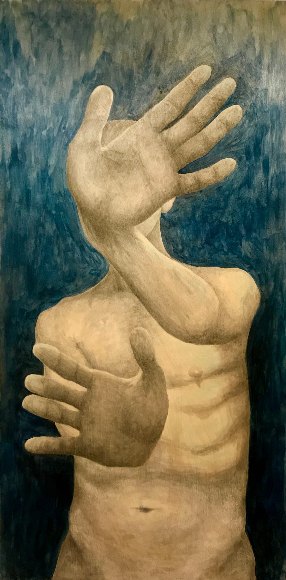 A surreal painting of a human torso with multiple hands emerging from it, set against a dark background.