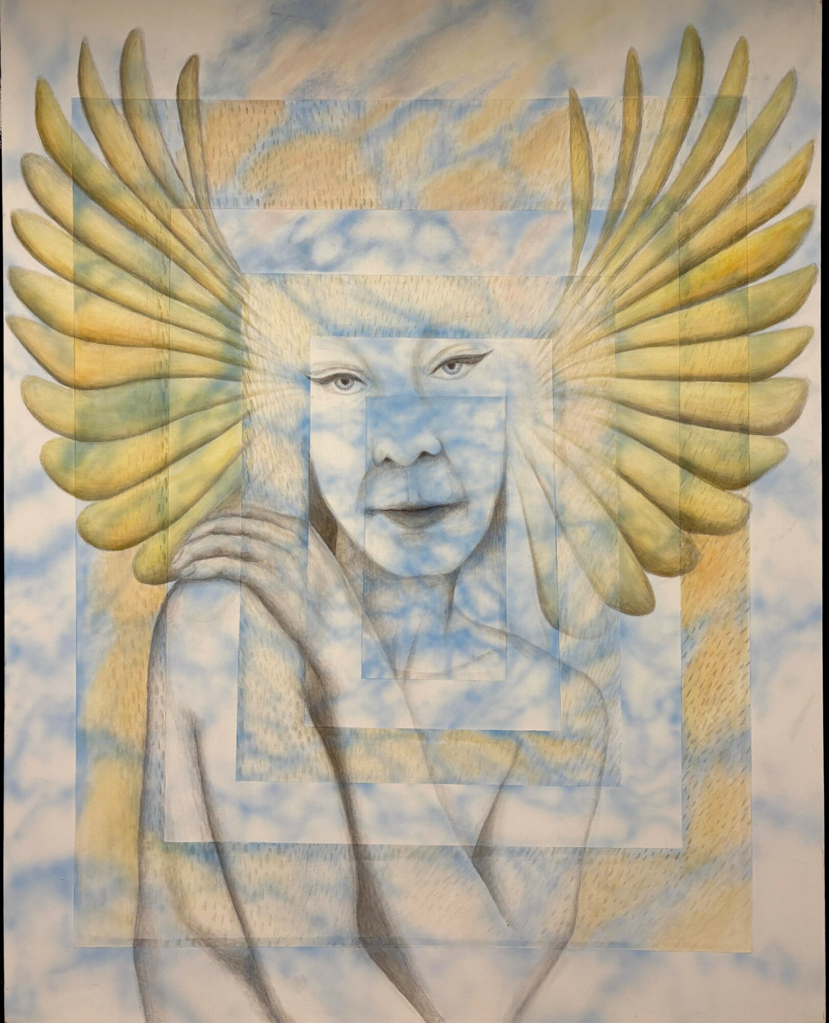 A child's face with large, wing-like golden feathers extending from the sides, blending with a cloudy sky background.