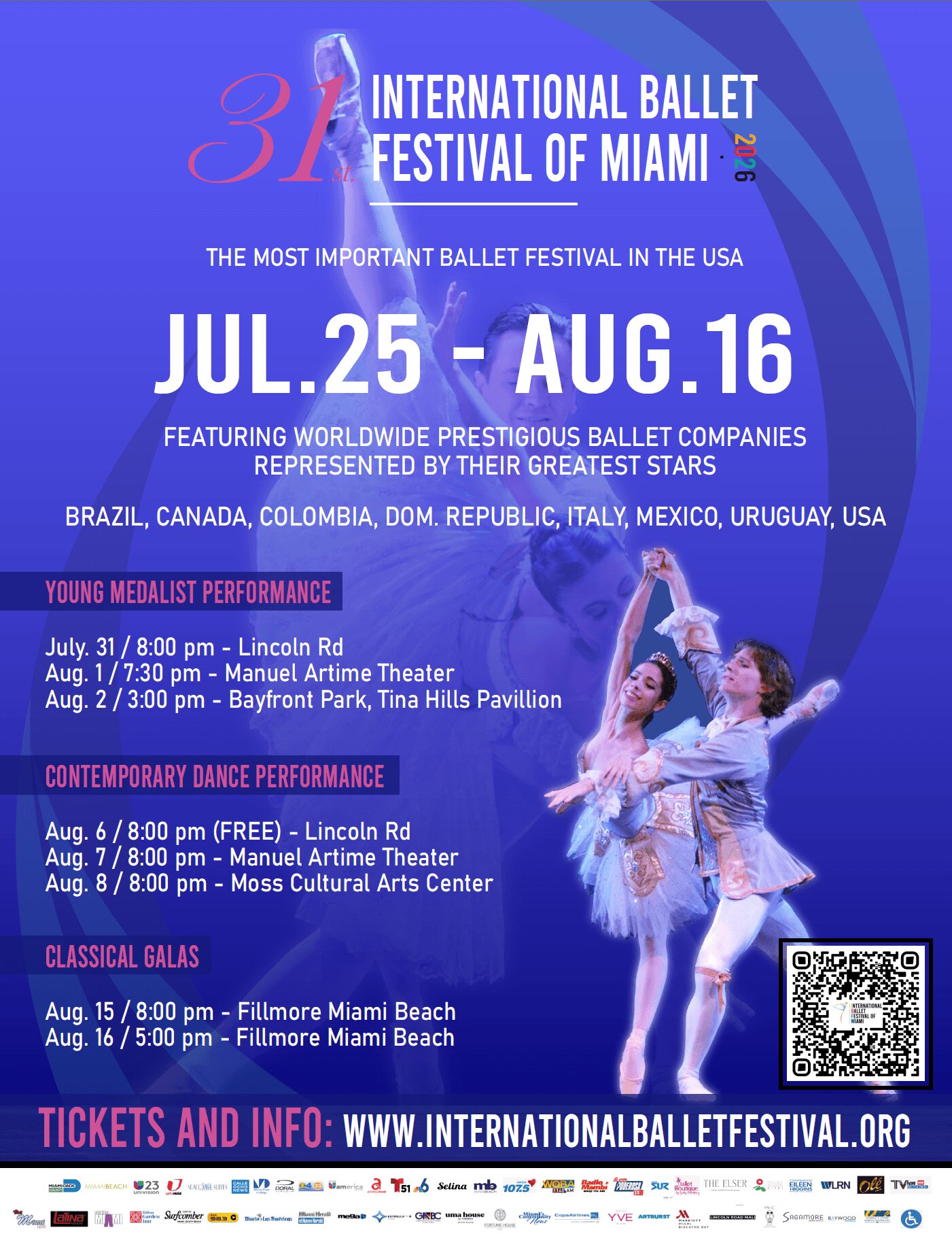 Event poster for Miami International Ballet Festival, featuring dates July 25 to August 16, with ballet performances and ticket info.