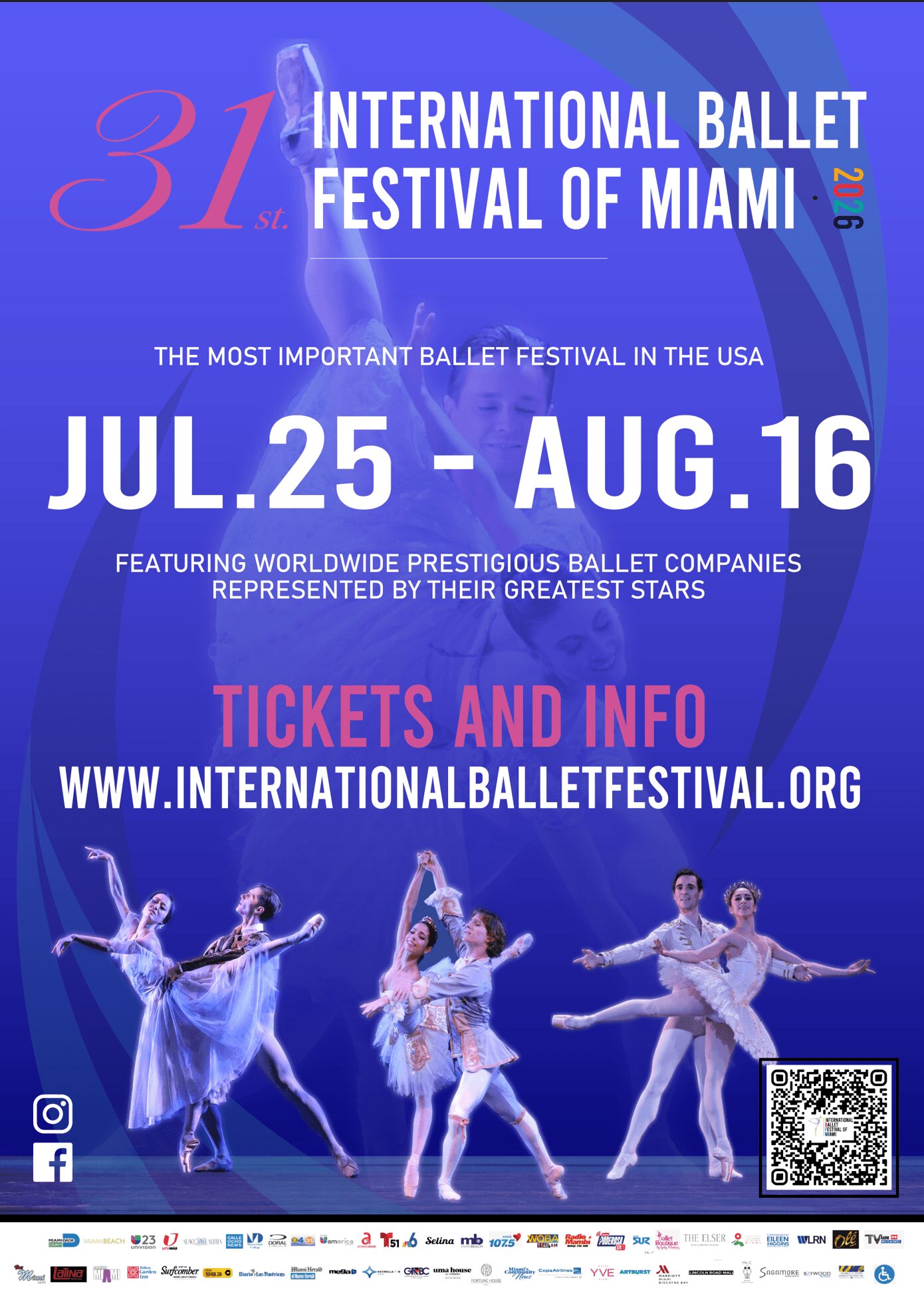 Poster for International Ballet Festival of Miami, July 25 to August 16, featuring ballet dancers on stage.