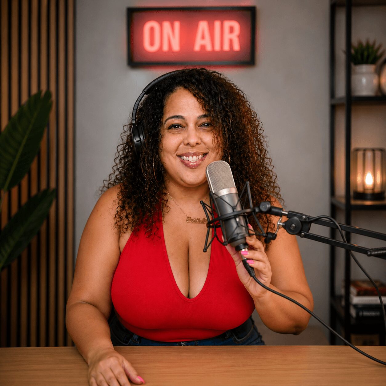 Woman with curly hair wearing headphones, smiling, speaking into a microphone in a recording studio, with an 'ON AIR' sign behind her.