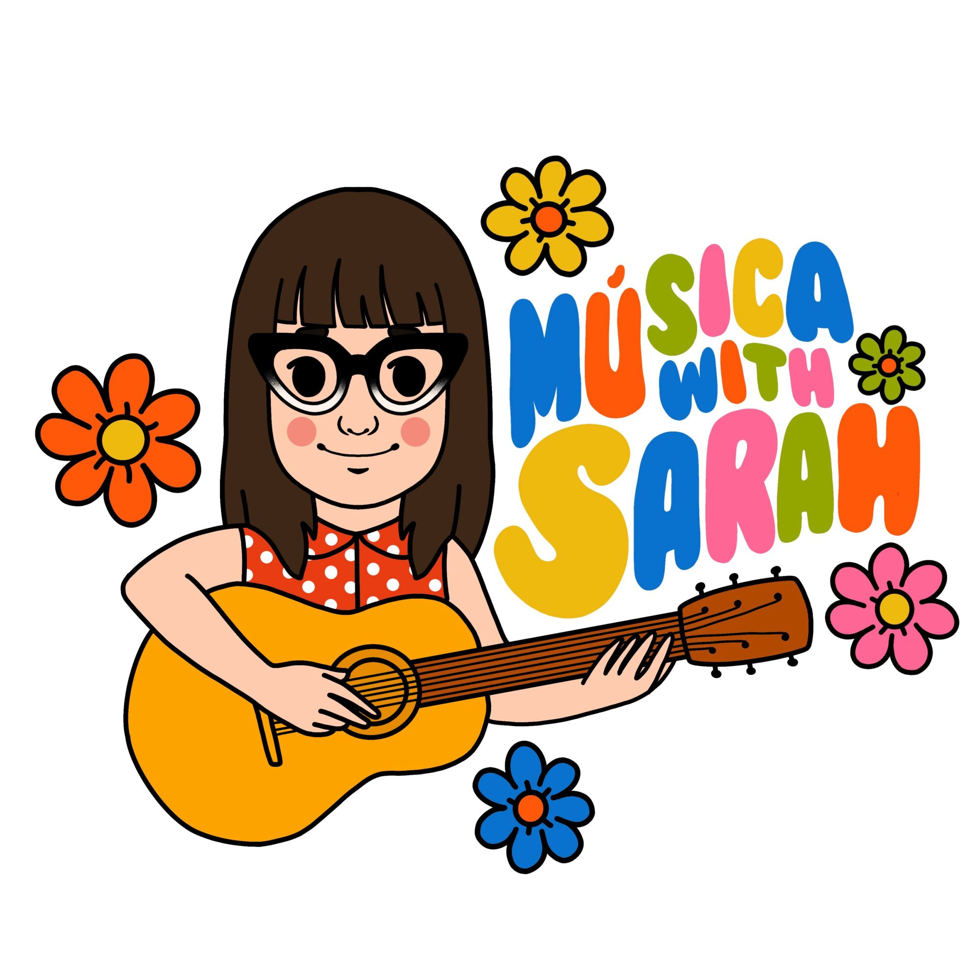 Cartoon girl with glasses playing guitar surrounded by colorful flowers and text 'Música with Sarah'.