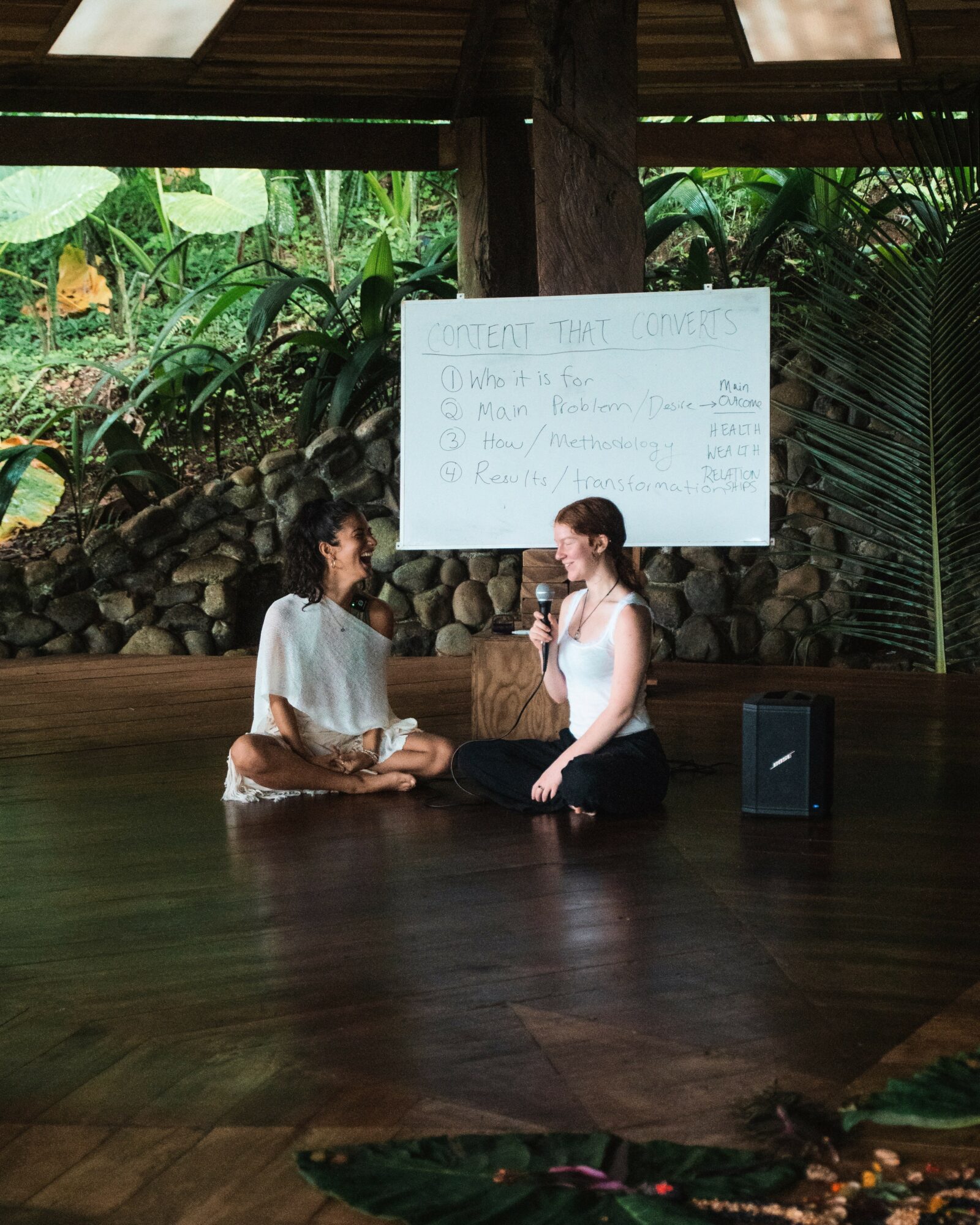 Two women sit on a wooden floor in front of a whiteboard, with lush green plants behind them, engaging in conversation.