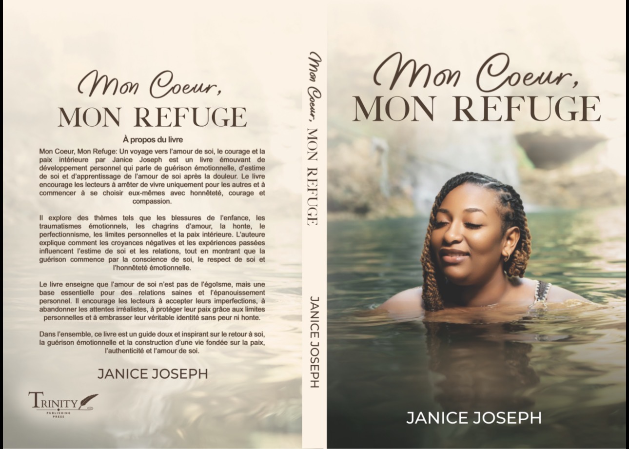 A woman with braided hair smiling in water, with a blurred natural background, on the book cover titled 'Mon Coeur, Mon Refuge' by Janice Joseph.