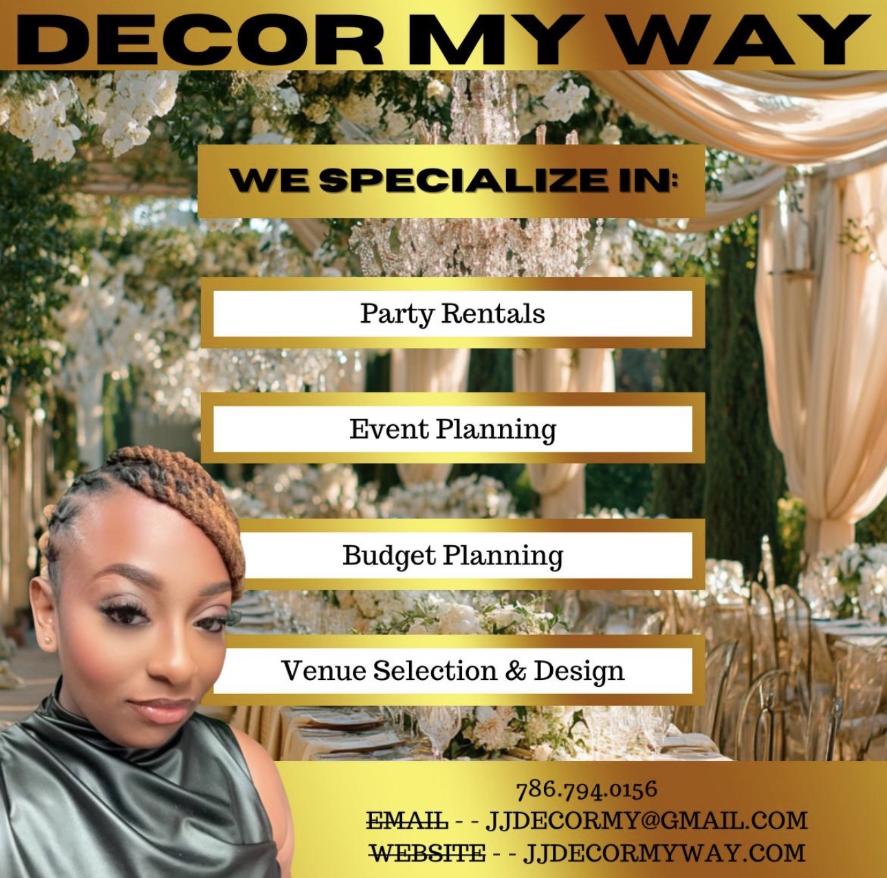 Event planning business advertisement with a woman in a black dress, decorated event background, and contact details.