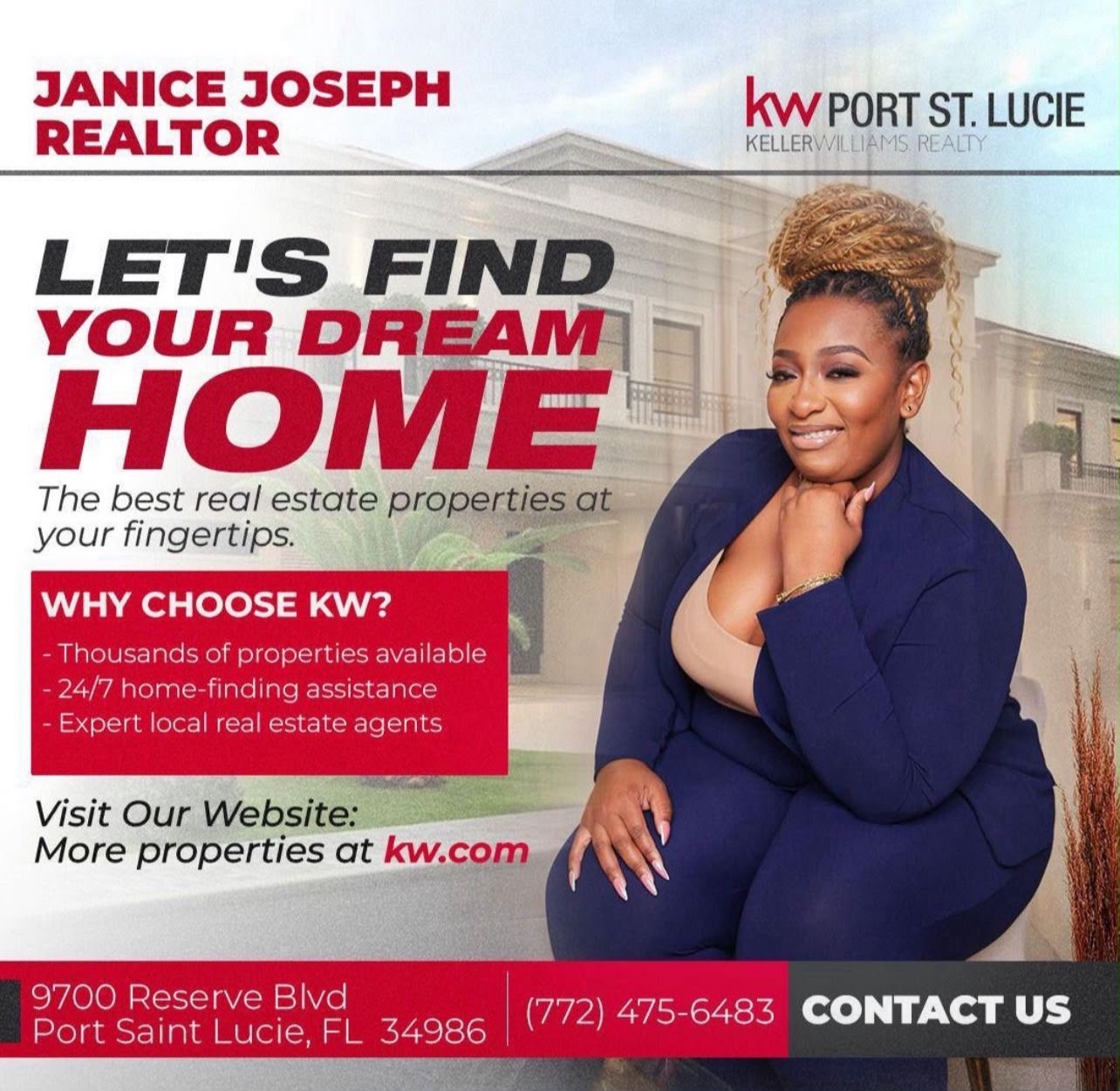 Smiling woman in blue suit sitting outdoors with a house in background, promoting real estate services.