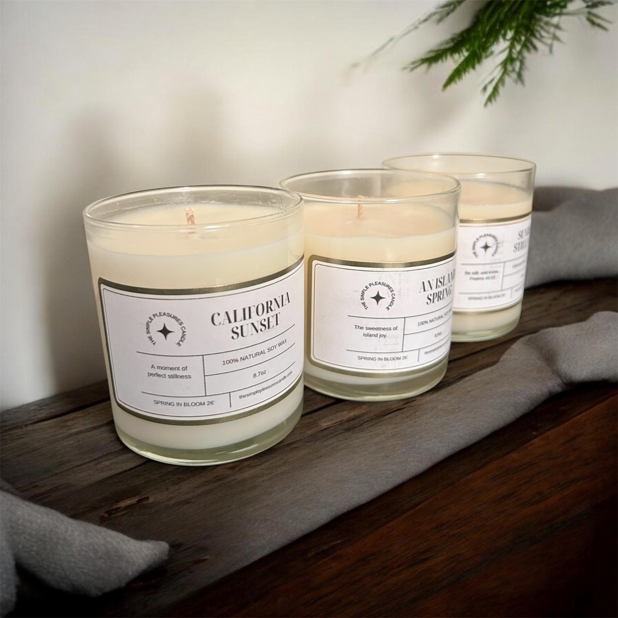 Four white candles in glass containers on a wooden tray, with a gray cloth and green plant in background.