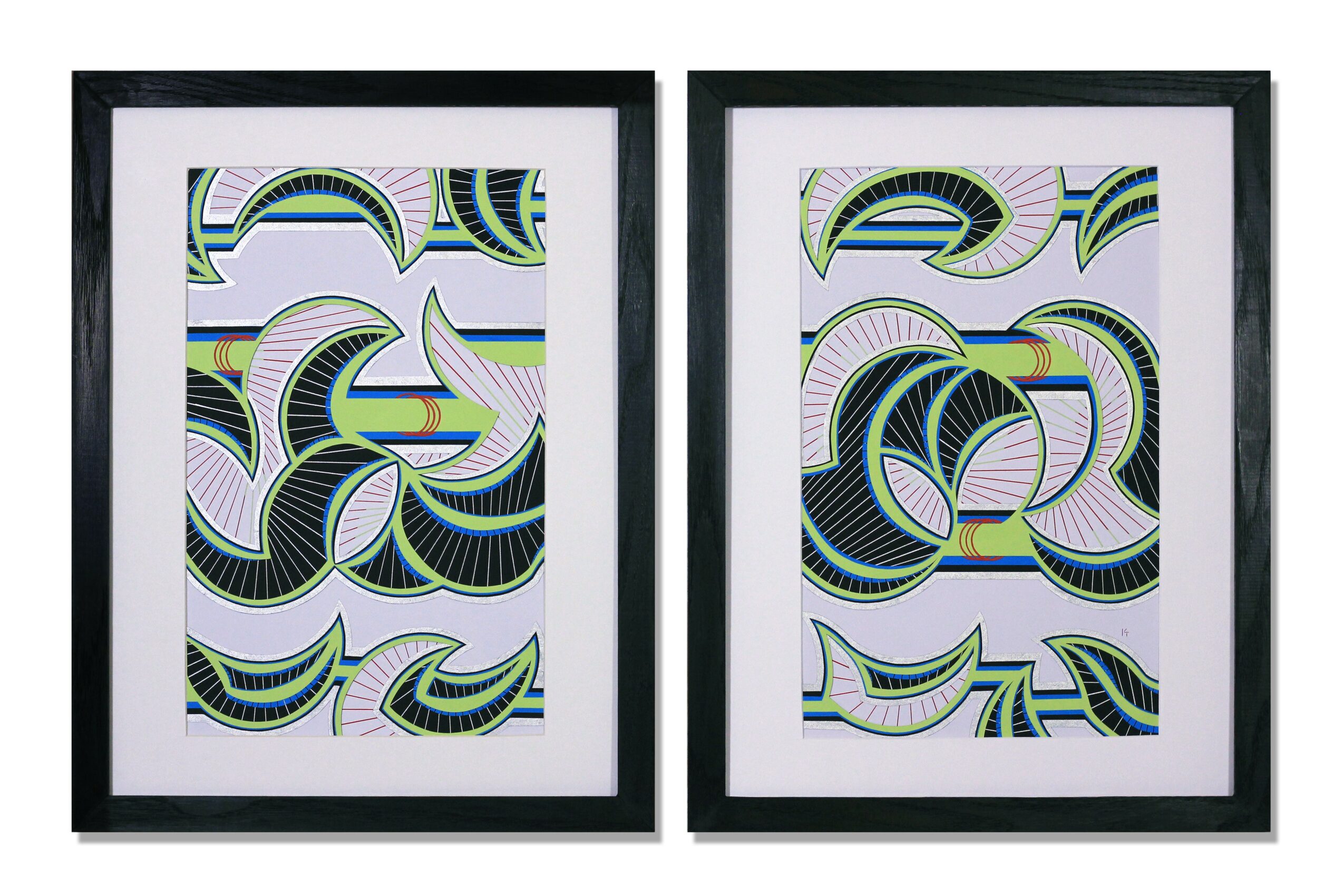 Two framed abstract art pieces with curved lines and geometric shapes in green, black, and purple on a white background.
