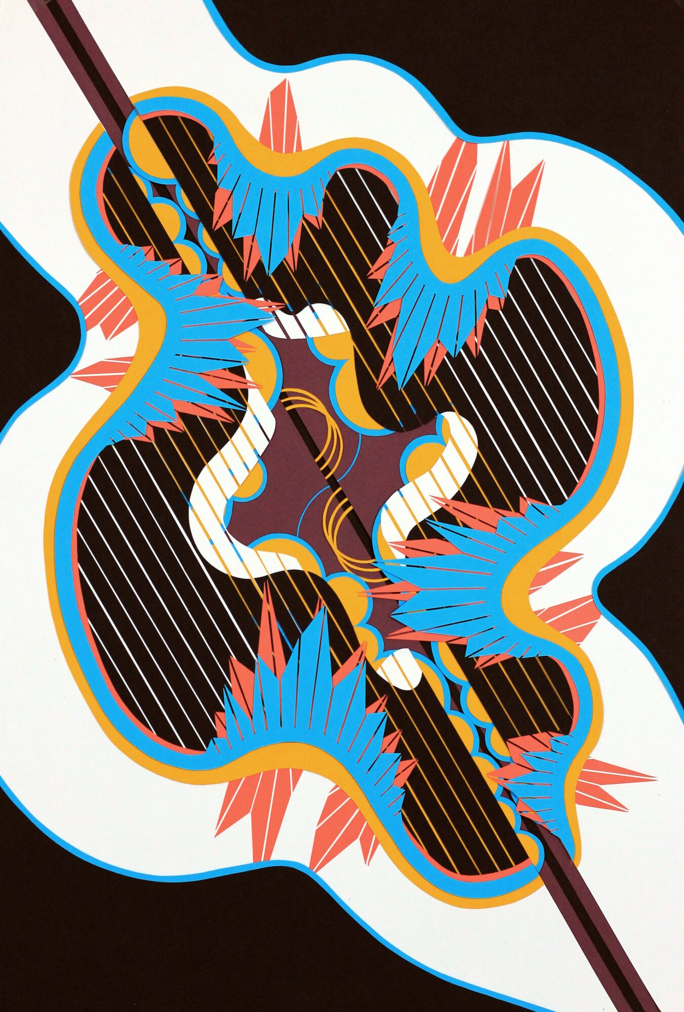 Colorful abstract design with black, blue, yellow, and red elements, featuring lines, shapes, and jagged edges.